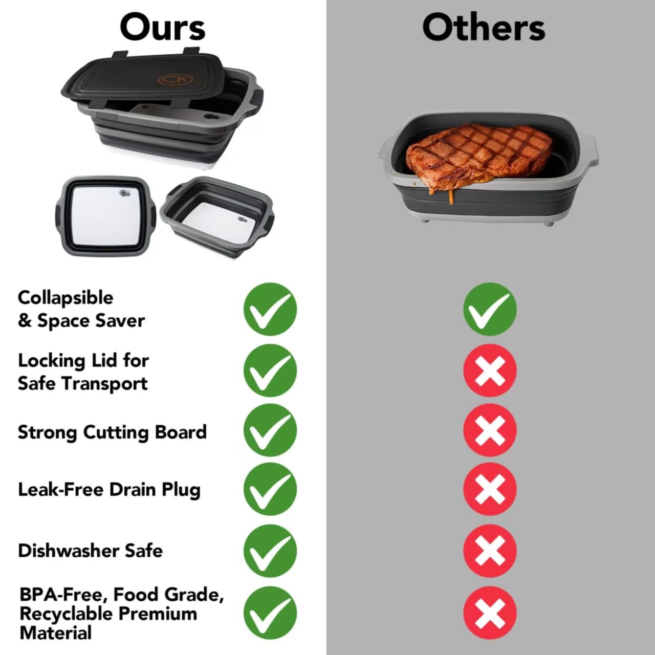 CK GOLD New XL Collapsible BBQ Prep Tub with LOCKING Lid, Cutting Board & Drain Hole | BPA-Free, Food-Grade, Space-Saving Prep Tubs for Marinating, Grilling, Camping & Outdoor Cooking (Black, 16L)