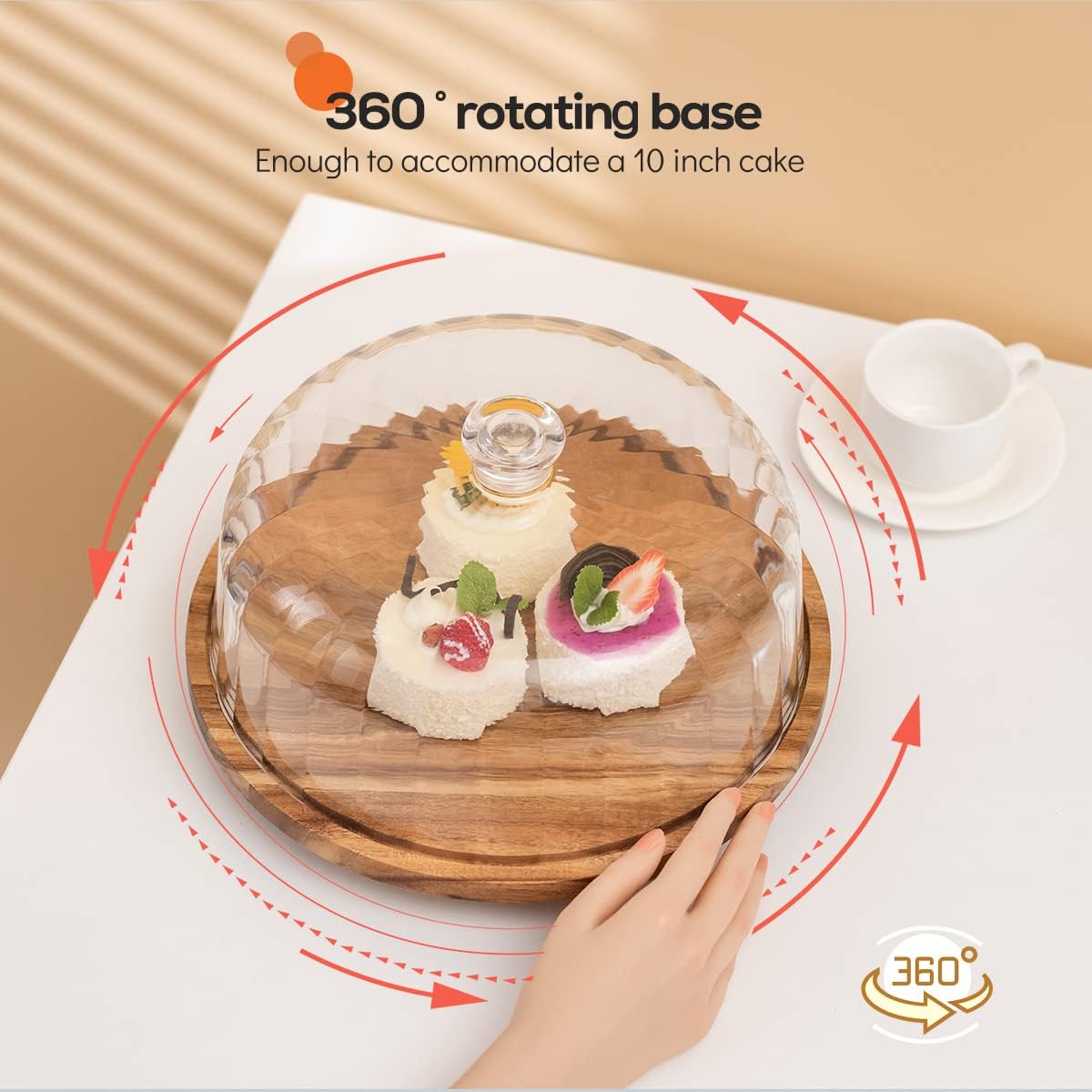 cutesun Wood Cake Stand with Lid, 11.8'' Rotating Cake Stand with Dome, Shaterproof 10.4'' Acrylic Cake Display Cover, Cake Holder Tray for Wedding Gift，Kitchen,Birthday,Parties,Baking Gifts