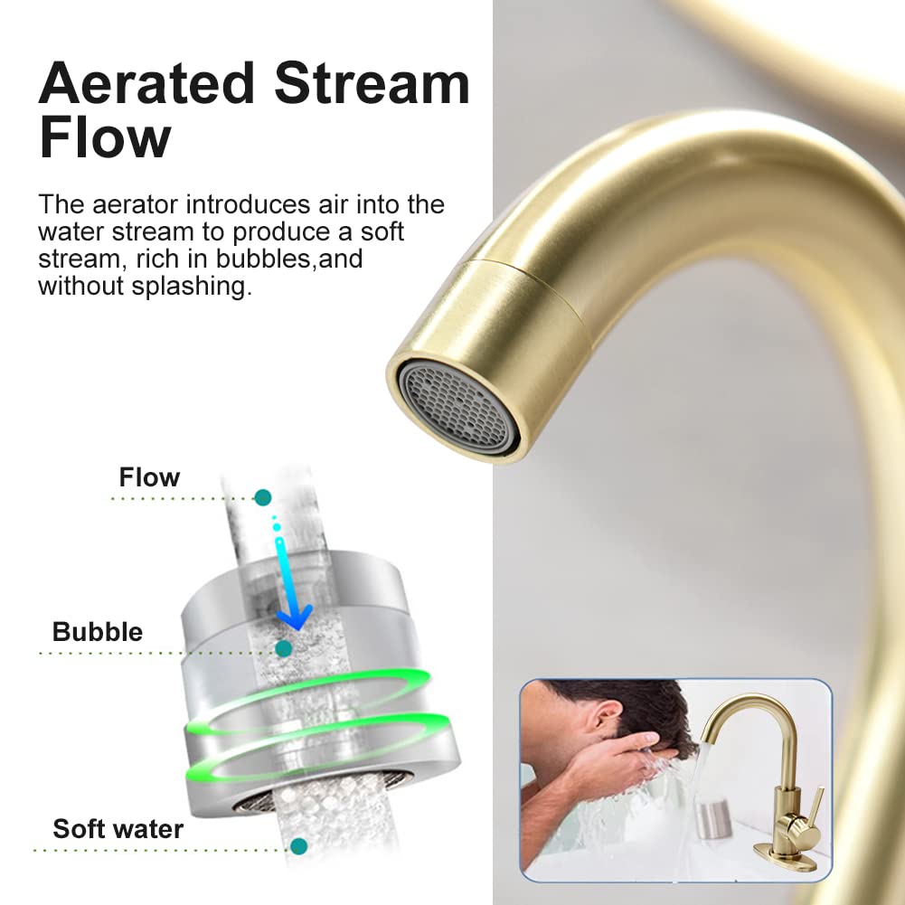 Single Handle Bathroom Sink Faucet 360° Swivel Spout Vanity Faucets with Deck Plate 4 Inch Centerset Gold Bathroom Faucets Brushed Gold Restroom Lavatory Faucet Durable & Safety