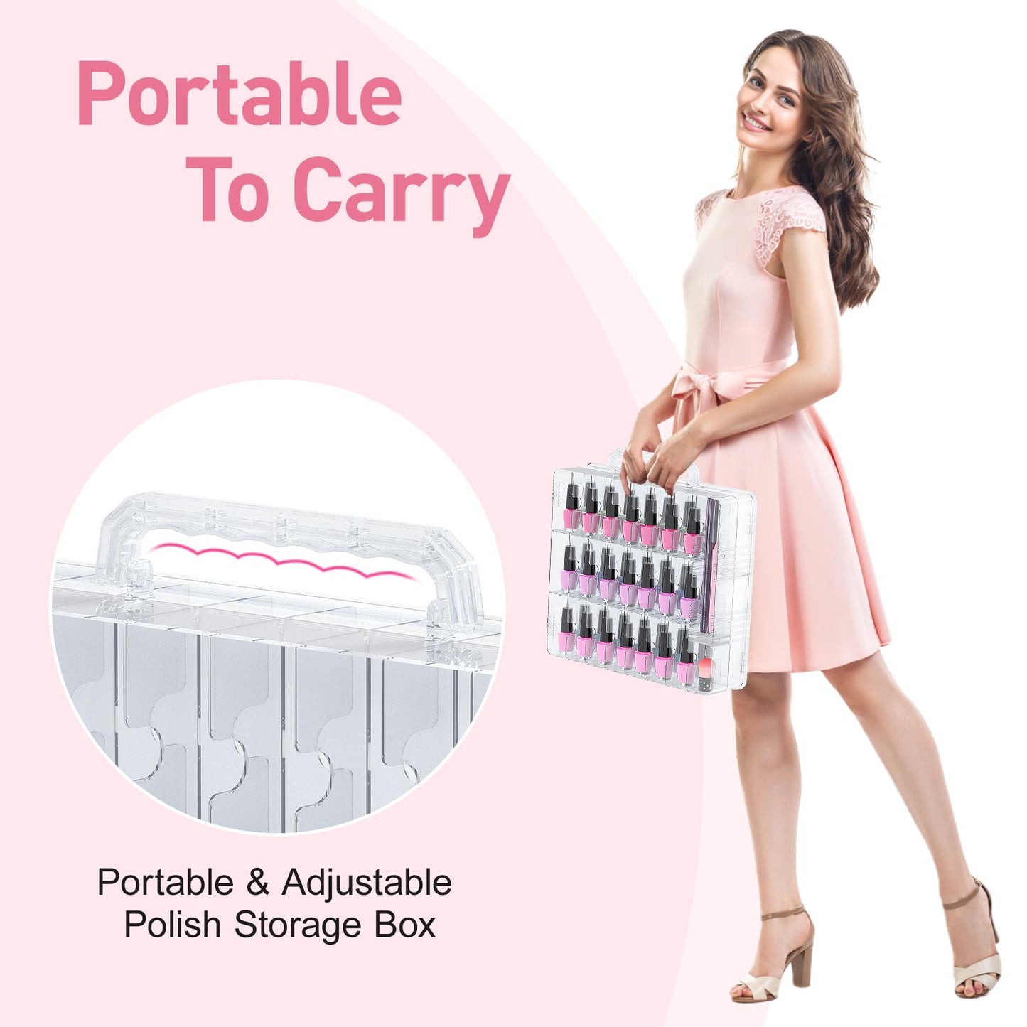 Beloving 2pcs Nail Polish Organizer, Portable 48 Bottles Clear Nail Polish Holder with Adjustable Divider, Gel Nail Polish Storage Double Side Nail Polish Organizer Case for Nail Tech