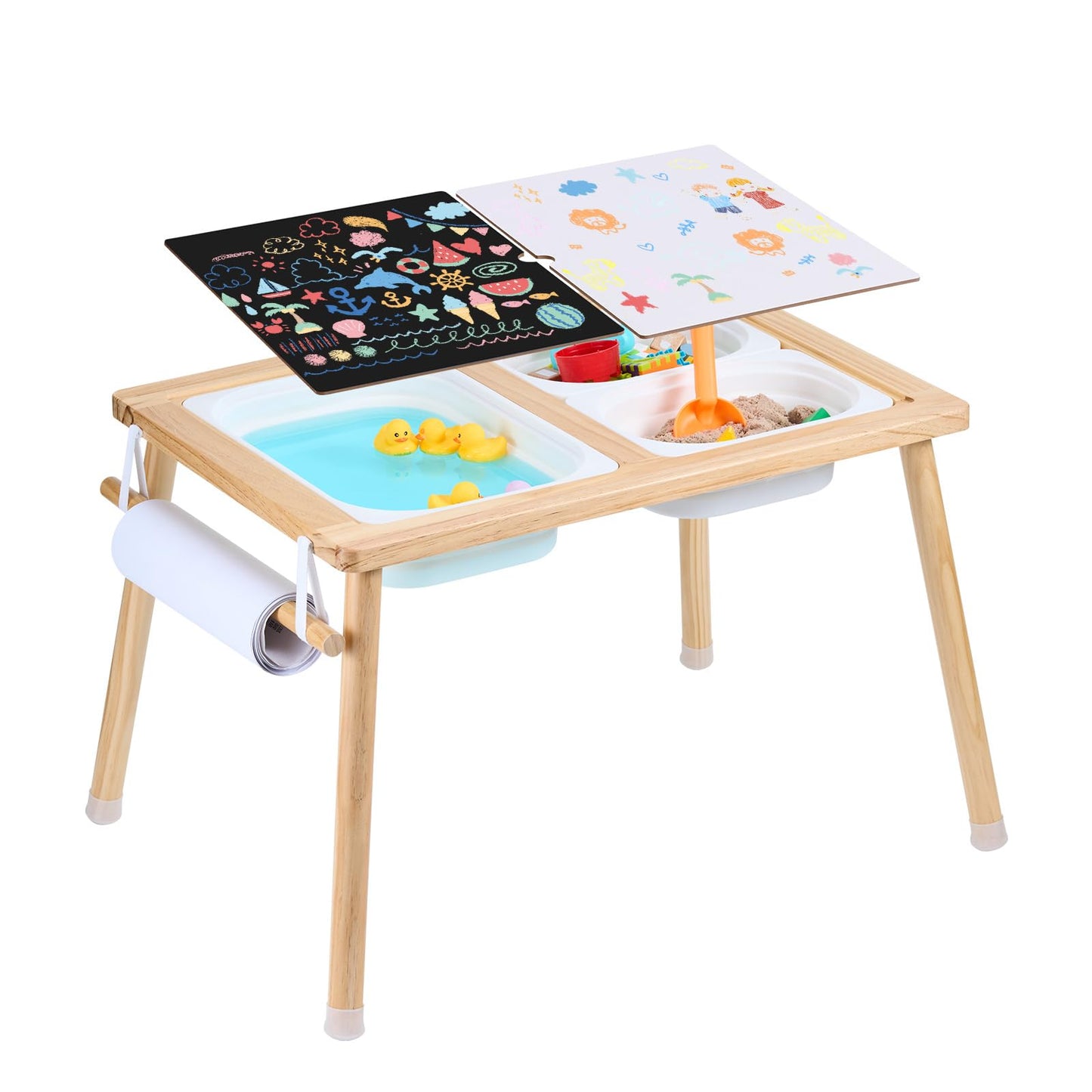 VEVOR Sensory Table for Toddlers, Activity with 3 Foldable Storage Bins, Paper Roll Holder, Indoor/Outdoor Play Sand and Water, Wooden Drawing Table, Gift for Boys Girls