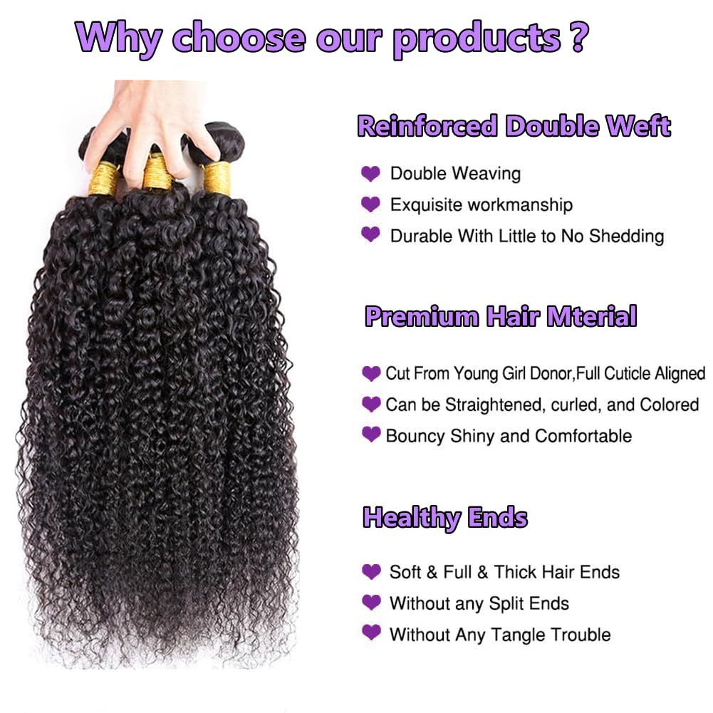 Ladiaryf Curly Weave Bundles Human Hair Brazilian Kinky Curly 3 Bundles Human Hair 300g Bundles 100% Unprocessed Virgin Hair Kinky Culry Bundles Double Weft Hair Bundles Natural Black 14 16 18 Inch