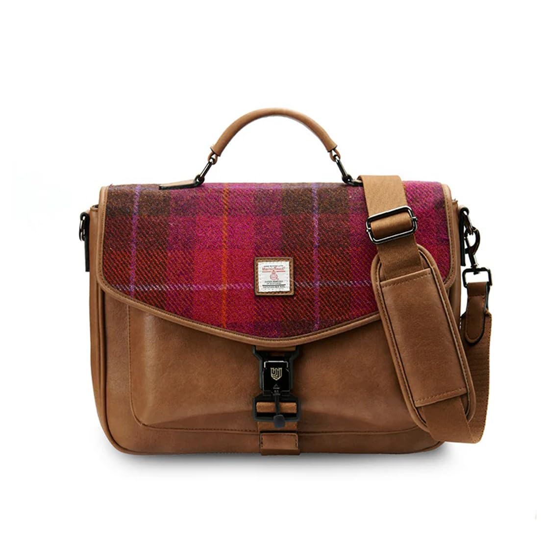 Islander The Laptop Bag - Made of Microfibre Leather & Harris Tweed (Fuchsia Tartan)