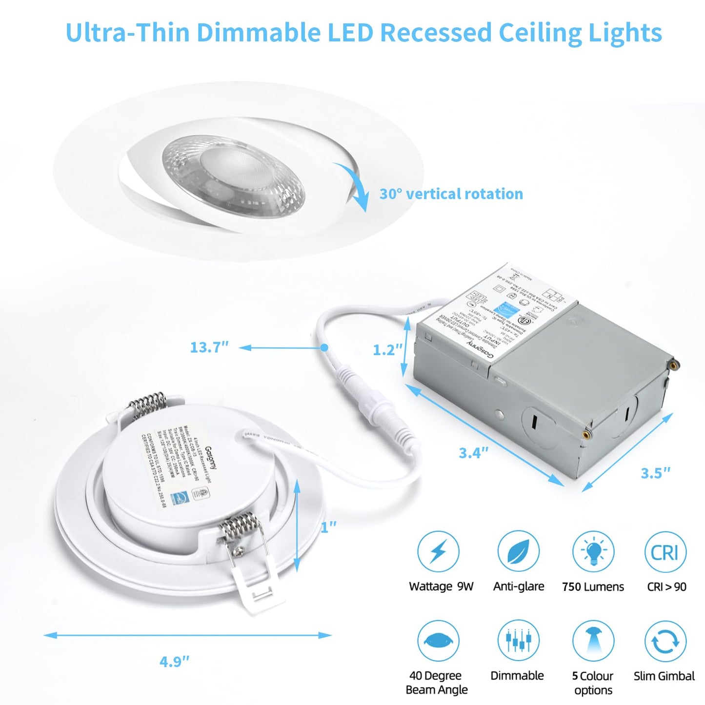 4 Inch Led Recessed lights Ultra-Thin Adjustable Eyeball Gimbal LED Recessed Lighting with Junction Box 9 Watts 750Lm Dimmable ceiling light ETL Listed (2700K/3000K/3500K/4000K/5000K Option 6Pack)