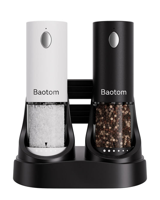 Baotom Electric Salt and Pepper Grinder Set with Dual Charging Base, 6 Adjustable Coarseness Levels & External Grind Settings, One-handed Operation Salt and Pepper Mills with LED Light,Black & White