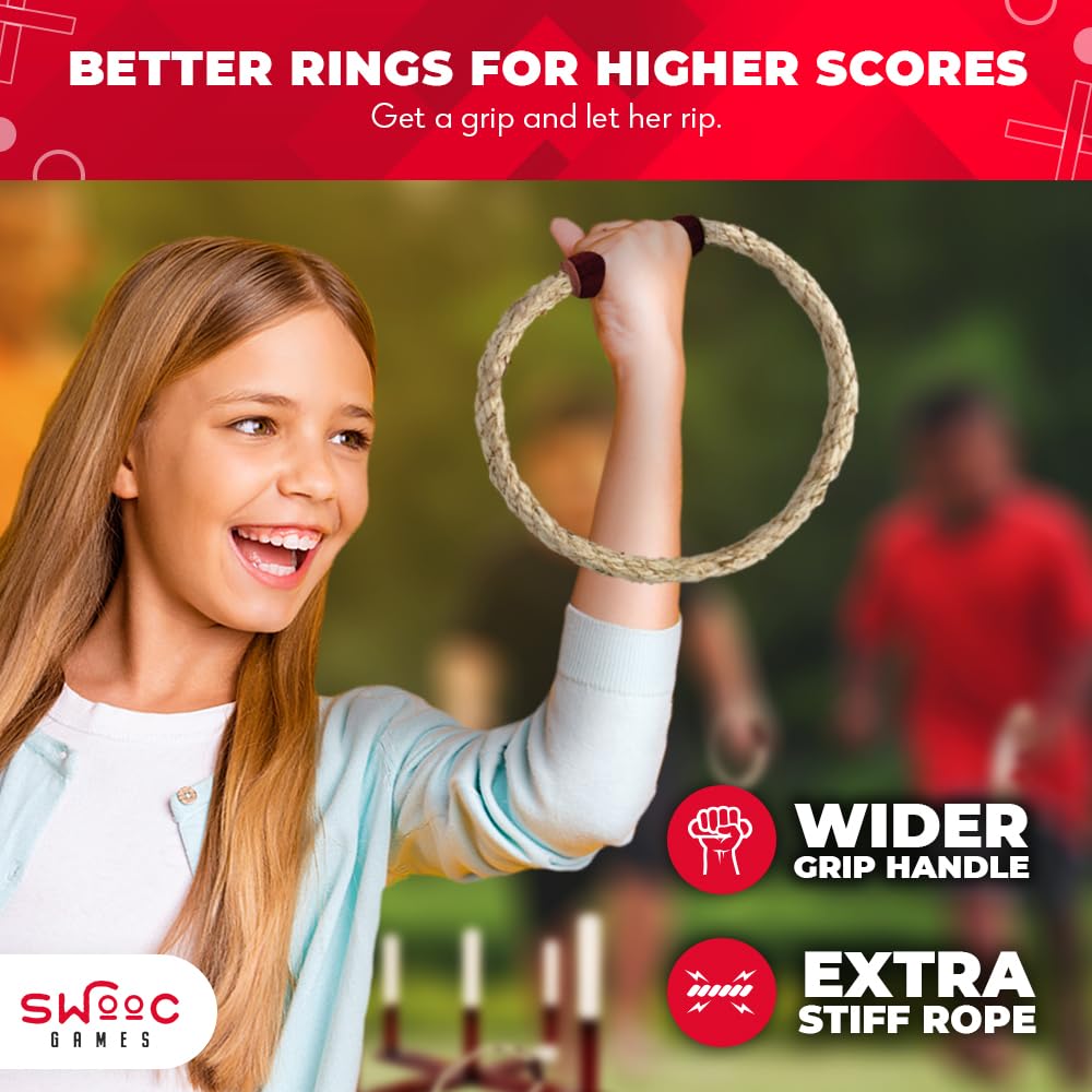 SWOOC Games - Rustic Ring Toss Game (All Weather) - Easy Setup & Extra Games Included - Outdoor Ring Toss Game for Adults and Kids - Yard Activity For Adults - Oversized Lawn Activity - Rope Throw Set
