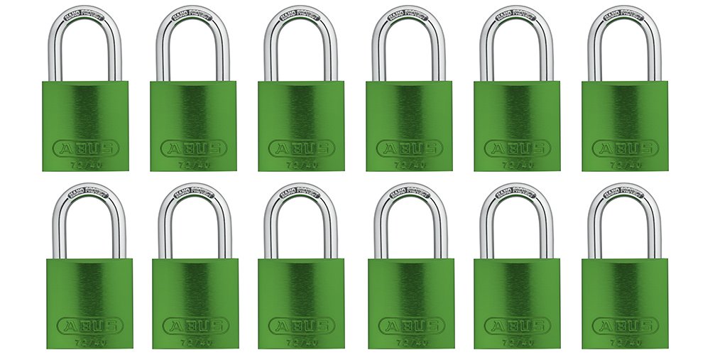ABUS Green 72/40 Lockout Tagout Padlock w/ 1" Shackle, 12 Pack, Keyed Alike, 12 Padlocks with 24 Keys