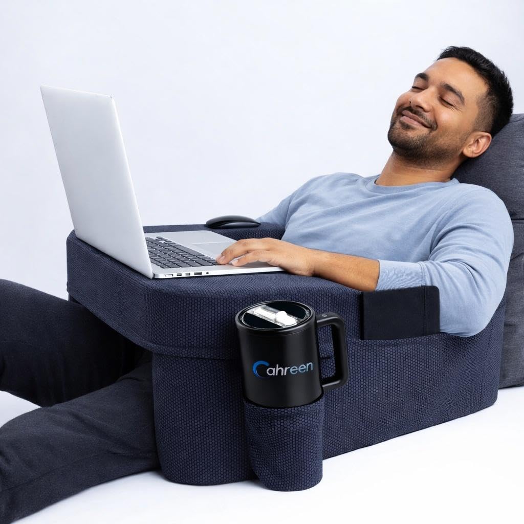 Lap Desk Pillow with 40oz Tumbler, Ergonomic Portable Laptop Desk Cushion for Bed with Arm Support, Gaming Pillow, Reading Pillow Arms, Lap Tray Cushion, Tablet & Laptop Lap Table Workstation
