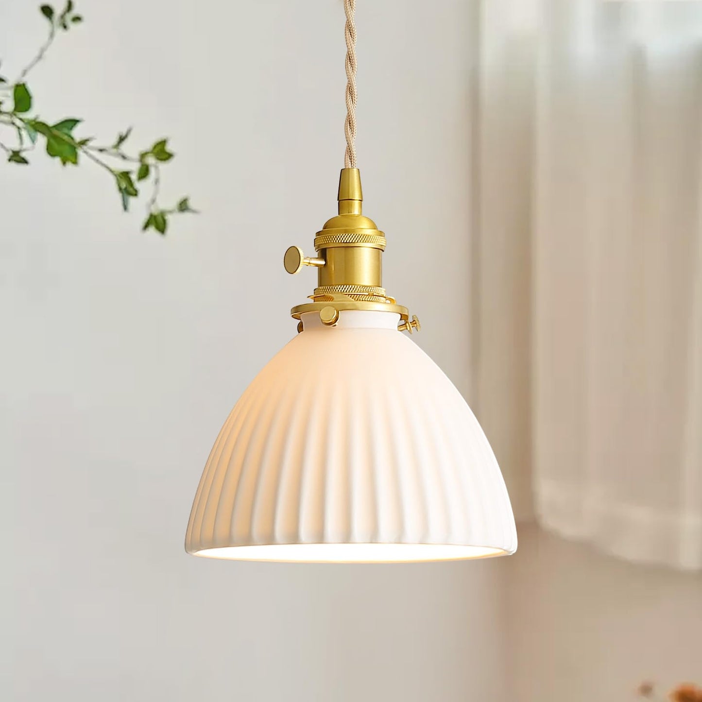 GloMuse White Ceramic Pendant Lights Kitchen Island Brushed Brass Dome-Shaped Lampshade Modern Minimalist Industrial Hanging Light Fixture for Living Room Bedroom Dining Room Over Table