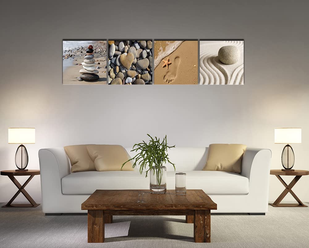 Wieco Art Canvas Prints Wall Art Romantic Beach Theme Zen Stone Pictures Paintings for Living Room Kitchen Home Decor Large Modern 4 Panels Stretched and Framed Seascape Sea Beach Artwork L