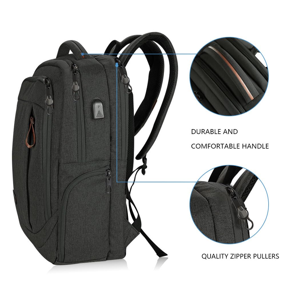 KROSER Laptop Backpack Large Computer Backpack Fits up to 17.3 Inch Laptop with USB Charging Port Water-Repellent Travel Backpack Casual Daypack for Business/College/Women/Men-Charcoal Black