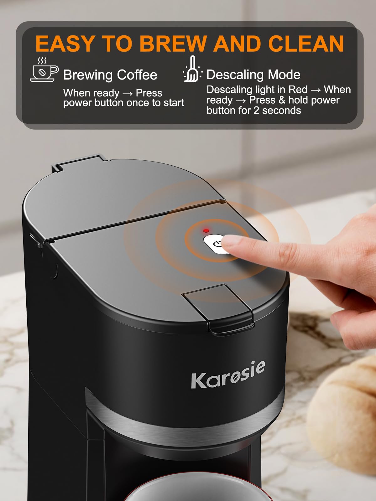 Karosie Single Serve Coffee Maker for K-Cup and Grounds, Fast Brew, 6-12 oz Brew Sizes Single Cup Coffee Maker Fits 5.5" Mugs, One-Button Small Coffee Maker, Descaling Reminder,Black,9.45 Inches