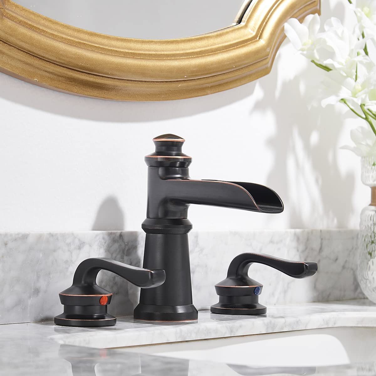 Homevacious Widespread Bathroom Faucet Oil Rubbed Bronze Waterfall 2-Handle with Pop up Drain Assembly Farmhouse 3 Holes 8-16 Inch Sink Rustic Mixer Tap Overflow Commercial Supply Line