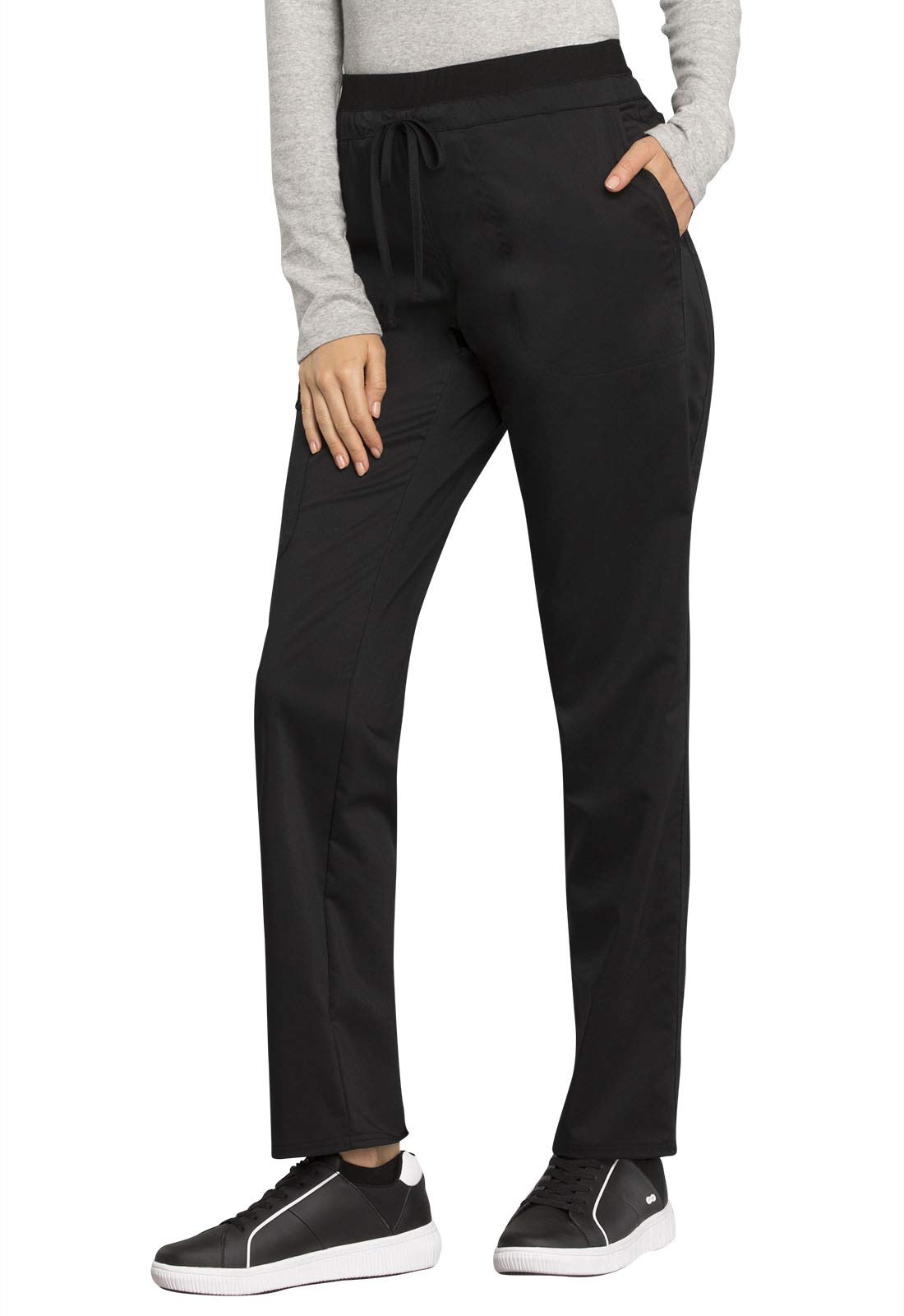 Cherokee Scrub Pants for Women Mid Rise Tapered Leg Drawstring Bottom WW105, L, Black