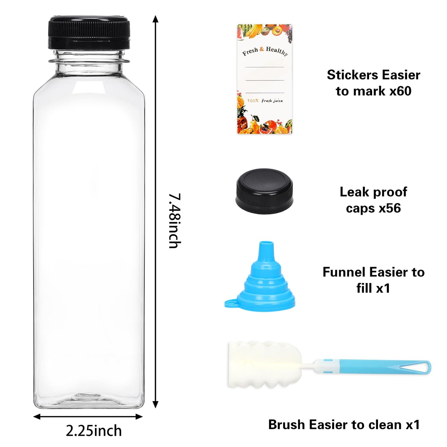 Moretoes 56pcs 16oz Plastic Juice Bottles with Caps, Clear Empty Containers with Brush Funnel and Labels for Coffee Smoothies Ginger and Other Beverages