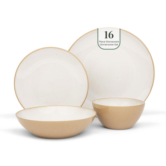 Larder & Vine Ceramic Stoneware Dinnerware 16-Piece Set, 4 Place Settings (Sand)