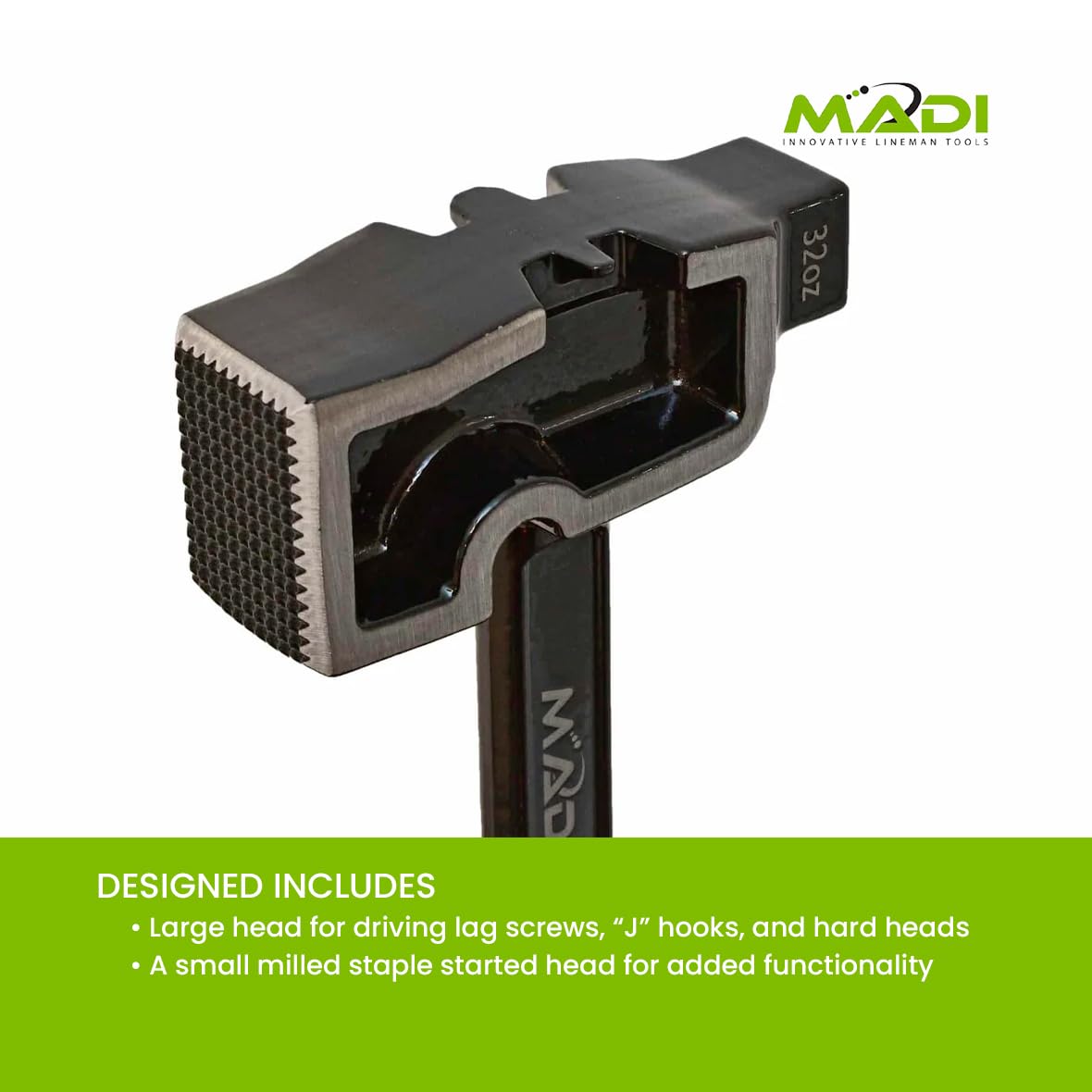 MADI All-Steel Milled Lineman Hammer - Single Piece Forged Steel Handle and Head - 32 Oz Hammer Head with 2 Milled Faces - SMLH-1
