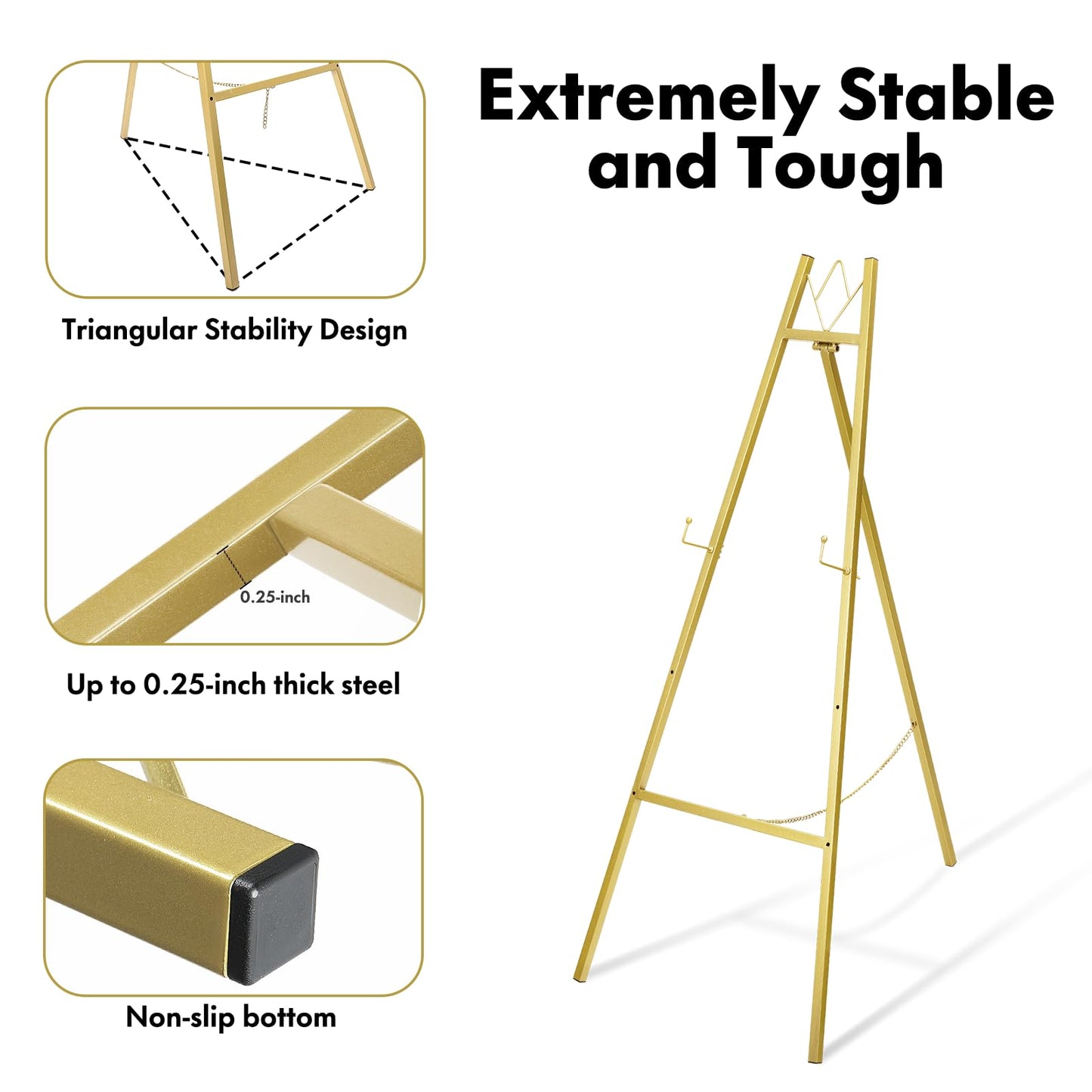 WATIHERE 57.5" Gold Easel Stand for Wedding Sign – 4 Adjustable Height Levels, Assembly Required, Heavy Duty Metal Display Stand for Art, Paintings, Posters, Pictures, and Home Décor