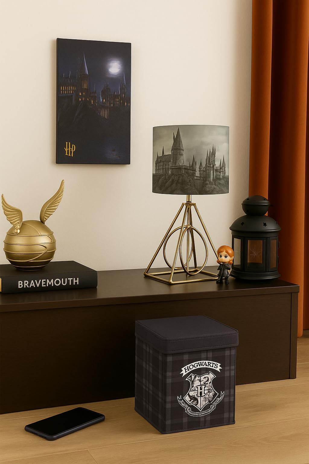 Harry Potter Figural Table Lamp – 16" Tall Gold Wire Base with Printed Hogwarts Shade, Decorative Kids Desk or Nightstand Lamp for Bedroom, Playroom, or Study Area