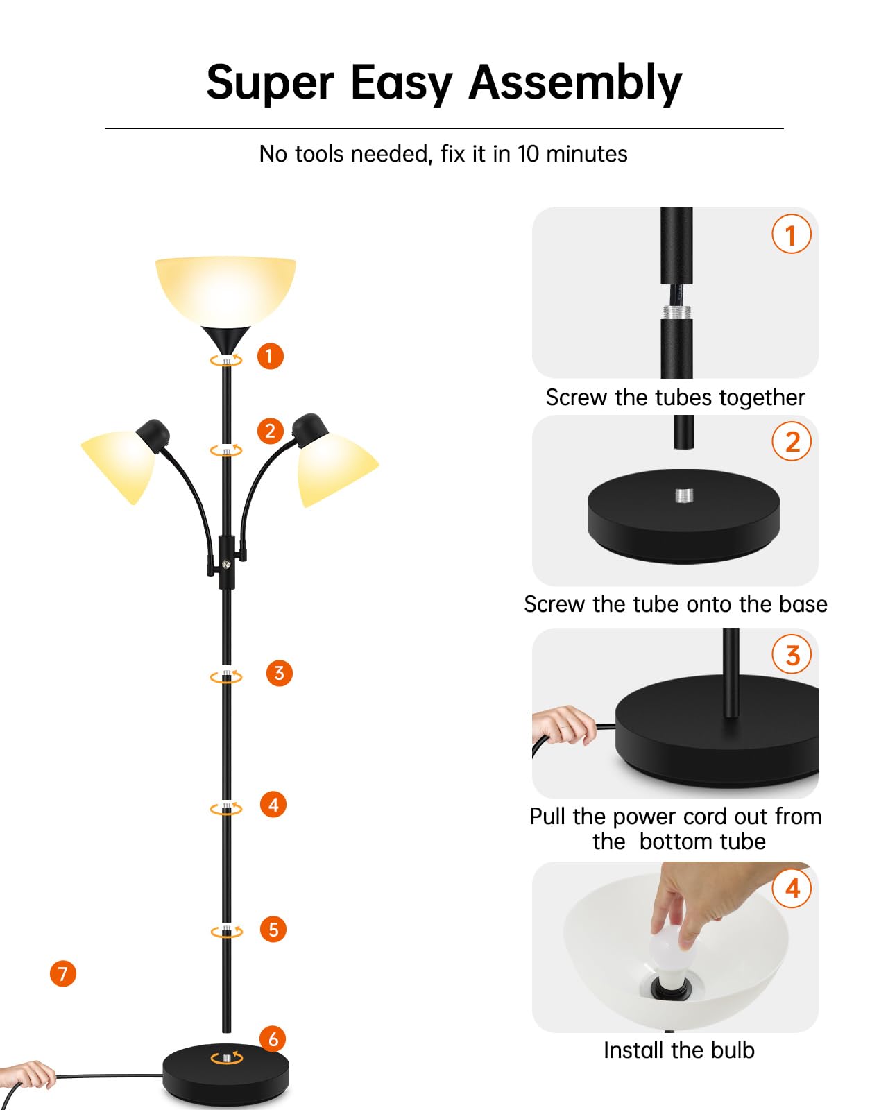 Floor Lamp Black, Standing Lamp, 71" Tall Lamps for Living Room, 3 Way Switch, Plastic Lampshade, Torchiere Floor Lamp with Reading Lamps, Modern Pole Lamps for Bedroom Kids Room E26 Base(No Bulb)
