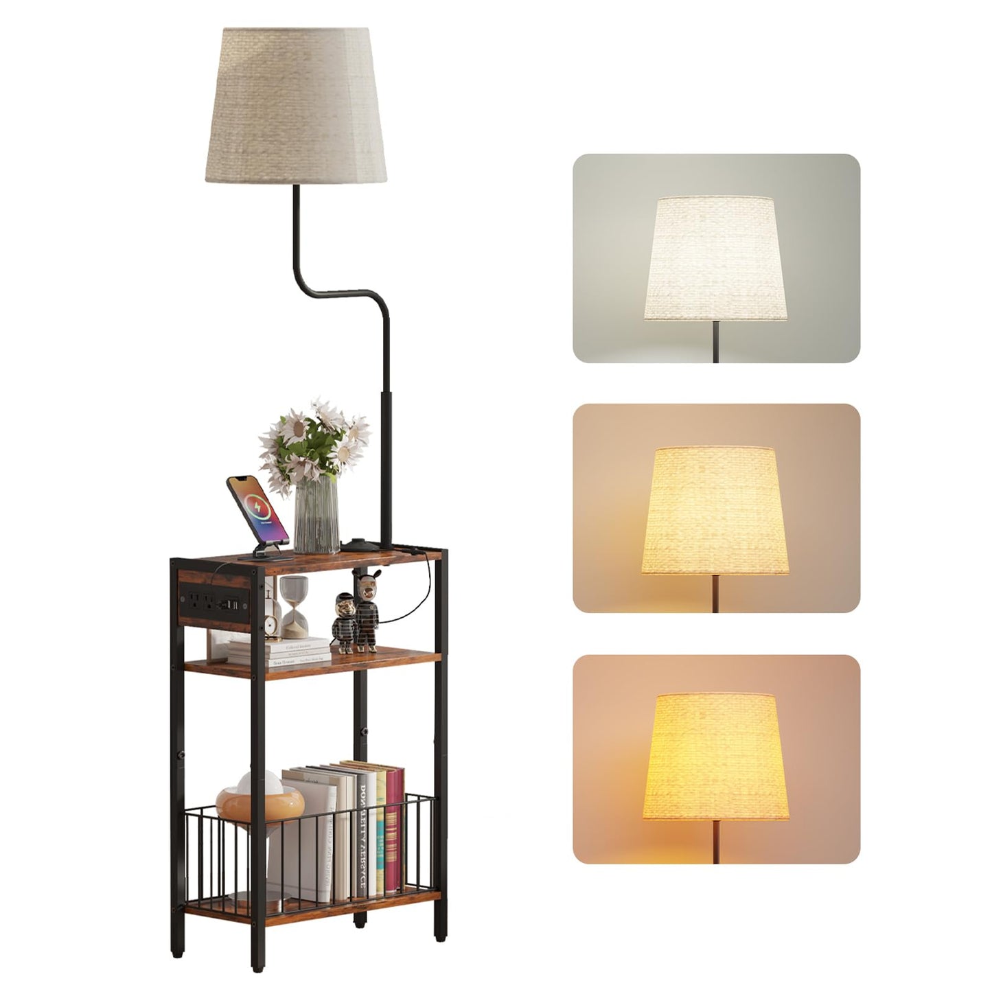 HavenlyYouth Floor Lamp with Table & Storage Baskets, End Table with 3 Color Temperatures LED Bulb, Nightstand with Charging Station, Shelves Side Table for Living Room, Bedroom, Office - Brown