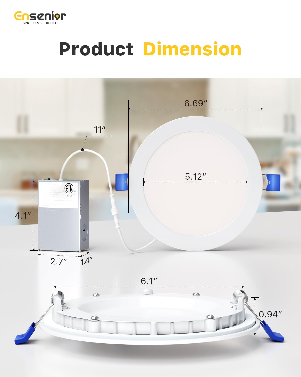 Ensenior 6 Pack 6 Inch LED Recessed Light, Dimmable, 5000K Daylight, 1050LM High Brightness, 12W 120V, Damp Rated, Ultra-Thin Canless Wafer Ceiling Light - ETL & FCC & IC