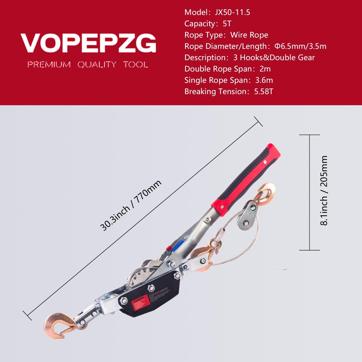 VOPEPZG Come Along Winch,5 Ton Capacity with 11.5FT Steel Cable,Heavy Duty Come Along Tool with Dual Gears,3 Hooks,Hand Winch Tool for Road Vehicle Recovery and Pulling Tree,Fence Stretcher,Frame