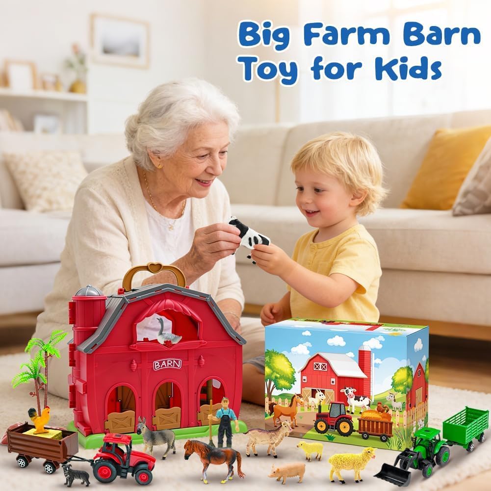 Red Barn Farm Animals Toy for Toddlers, Farm Figures Farmer Toy Truck with Trailer Preschool Learning Toys Christmas Birthday Gift for Boys Girls