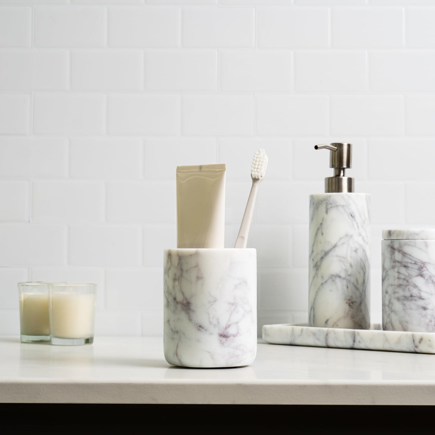 Cork & Mill Marble Bathroom Accessories Set, Solid Natural Marble, Complete Vanity Set with Soap Dispenser, Toothbrush Holder & Canister with Lid for Qtips, White Bathroom Countertop Decor