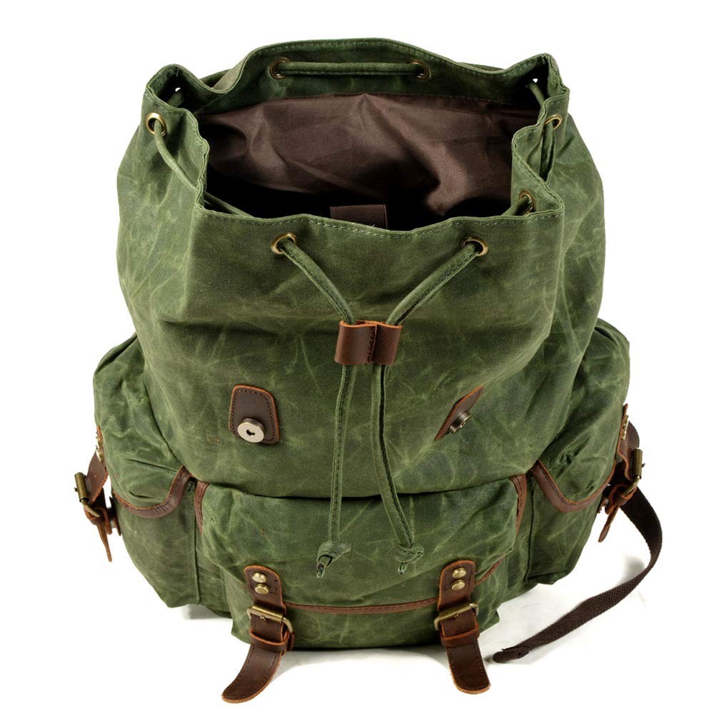 WUDON Leather Backpack for Men, Waxed Canvas Shoulder Rucksack Carry-On Travel Backpack (Khaki)