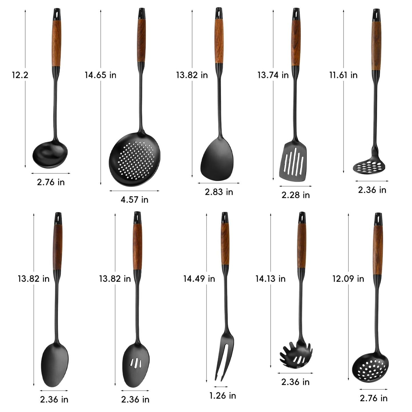 18/10 Stainless Steel Kitchen Utensils Set with Wood Handle Metal Cooking Utensils Set 10 Piece - Spatula, Spoon, Ladle, Skimmer, Slotted Turners, Pasta,Turner, Ladl, Fork