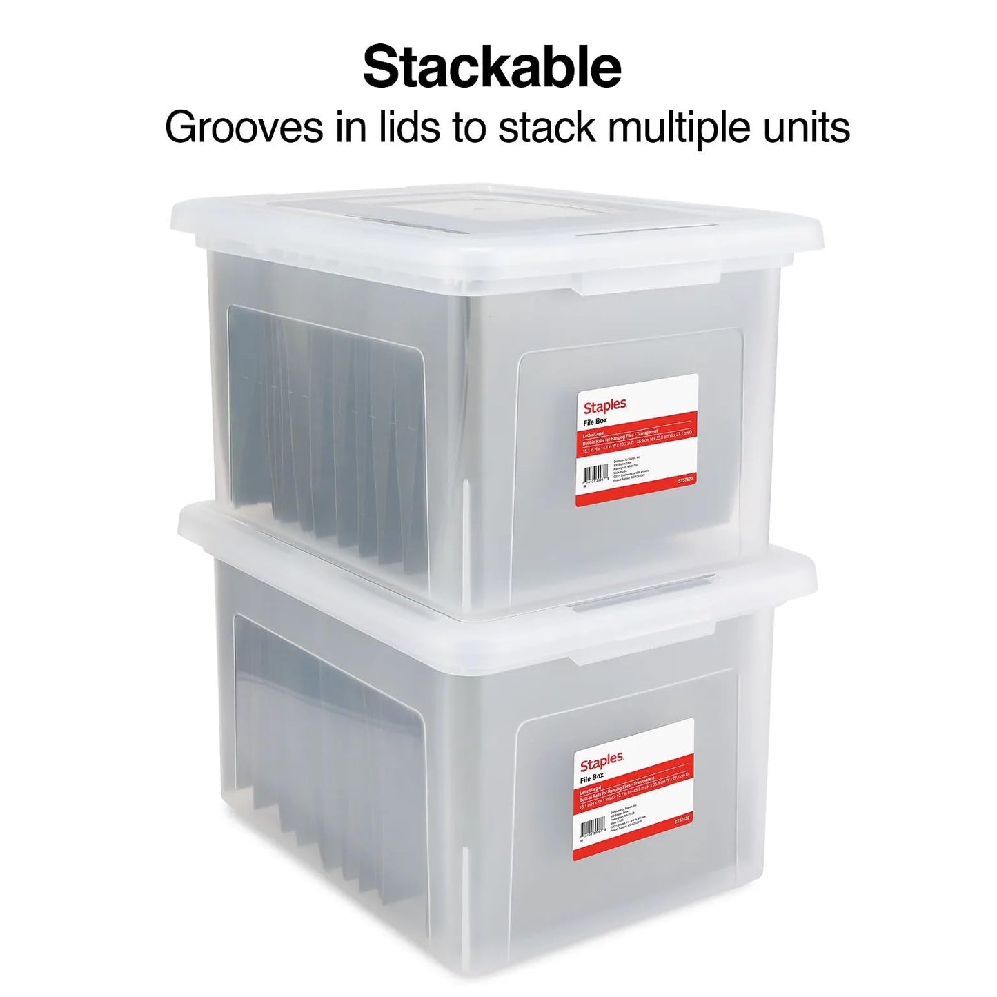 STAPLES Plastic File Box with Snap Lid, Letter/Legal Size, Clear, 4/Carton