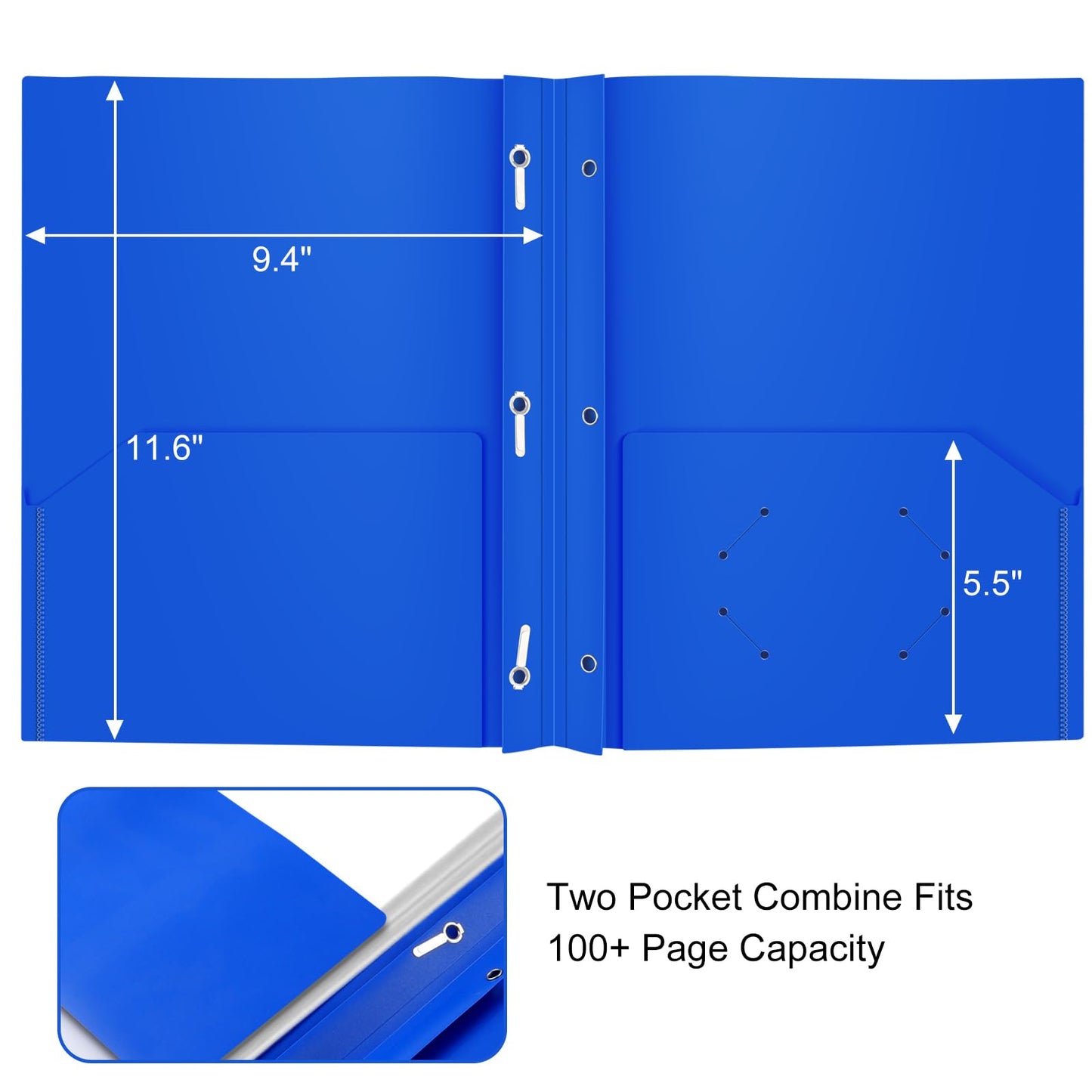 Heavy Duty Plastic Folder, 60 Pack, Pocket Folder with brads, Letter Size Poly File, Plastic Folders with 3 Prongs Fasteners - Blue