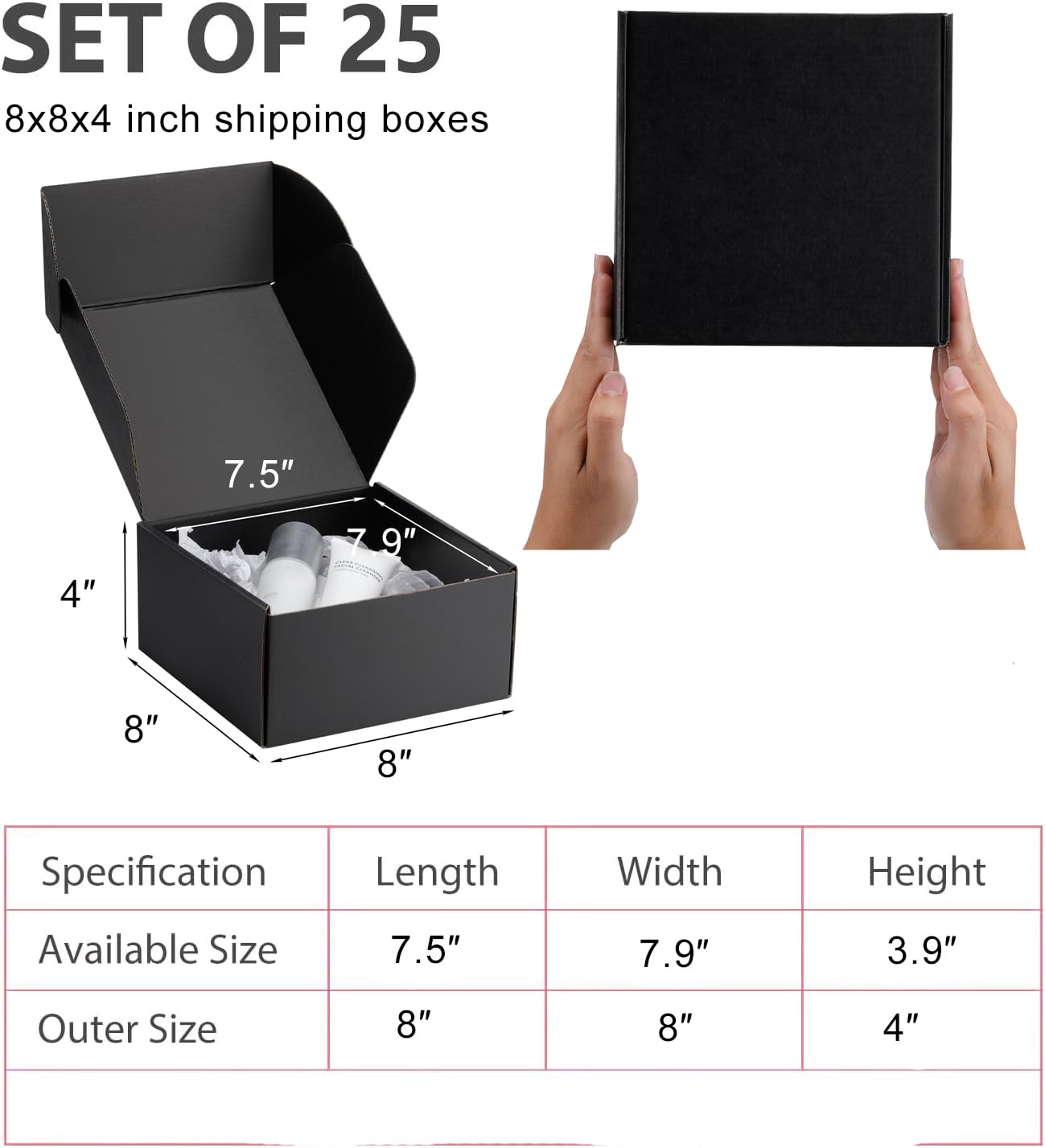 Yidomto 8x8x4 Black Shipping Boxes Small - 25 Pack Corrugated Cardboard Mailer Boxes for Packaging, Mailing, Gift Giving | Sturdy, Recyclable, Perfect for Small Business Supplies, Ecommerce