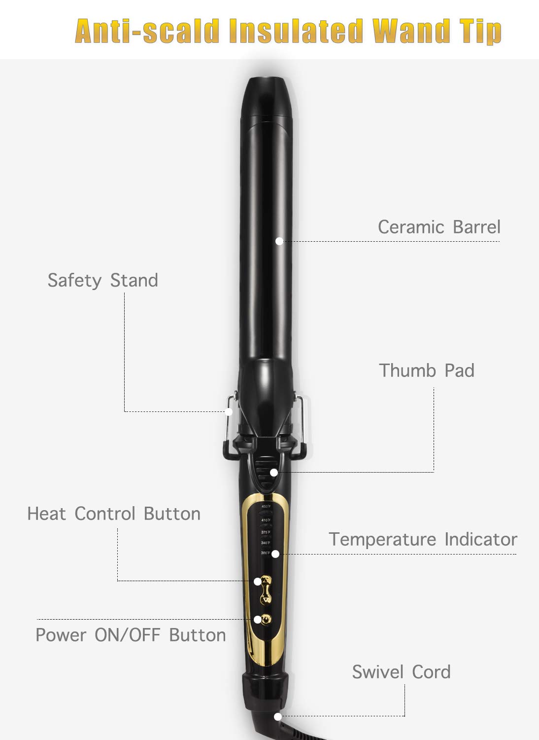 Lanvier 1.25 Inch Clipped Curling Iron with Extra Long Tourmaline Ceramic Barrel, Professional 1 1/4 Inch Hair Curler up to 450°F Dual Voltage for Traveling, Hair Waving Style Tool–Black