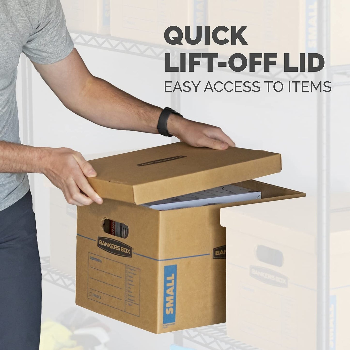 Bankers Box Small Classic Moving Box 20 Pack, Reinforced Handles, Tape-Free Assembly, Box with Lid, 15" x 12" x 10", Cardboard