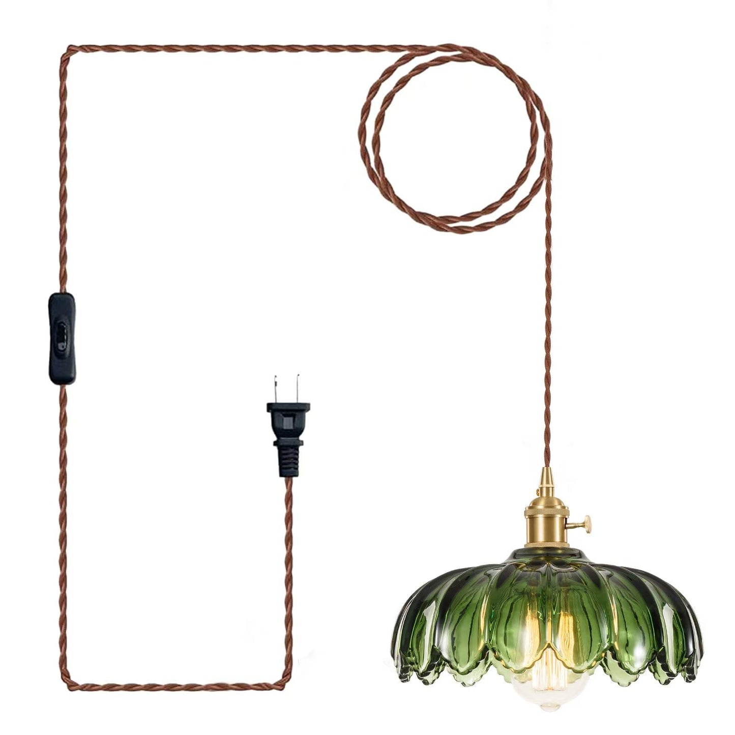 XZHGCEE Plug in Pendant Light Fixtures: Hanging Lamp Plug in Green Glass Pendant Lamp, Hanging Light for Kitchen Island, Bedroom, Dining Room, Living Room, E26 No Bulb