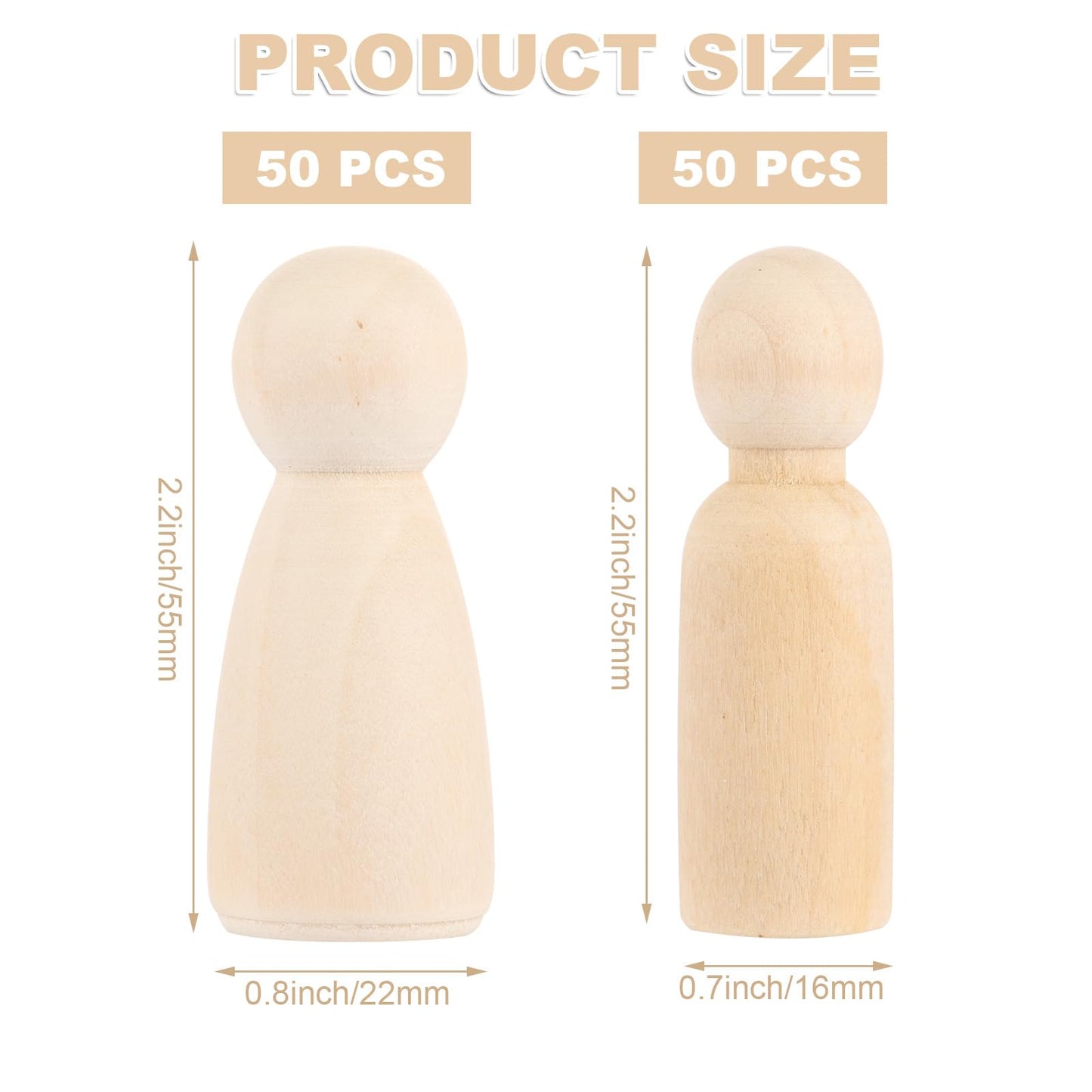 ABuff 100 Pack Unfinished Wooden Peg Dolls, Peg People Doll Bodies, 2 Inch Wooden Figures Decorative Peg Doll People for Painting, Peg Game, Craft Art Projects and Decoration, 50 Mom & 50 Dad Set