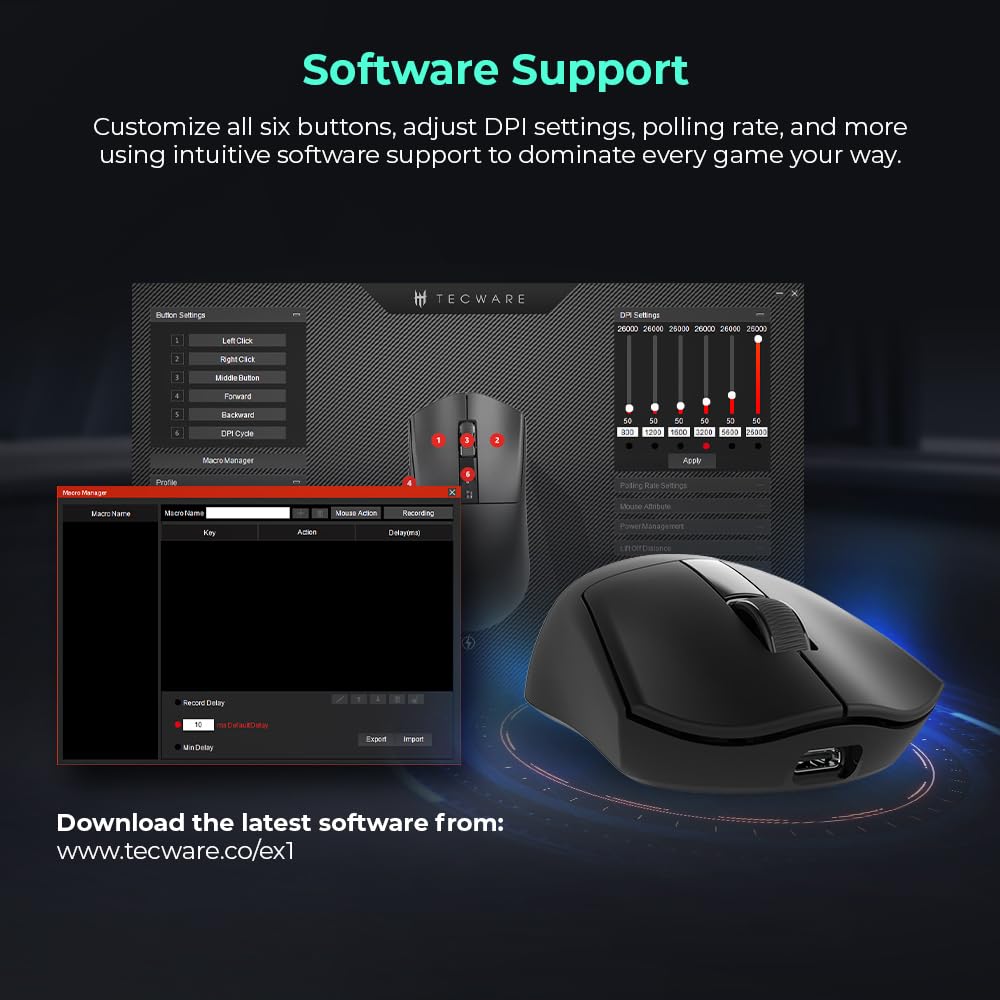 TECWARE EX1 Lightweight Gaming Mouse, 26K DPI Wireless Mouse, OLED Screen Display, 59g Lightweight, RGB Charging Dock, Tri-Mode Connectivity, Comes with PTFE Feet and Grip Tape, Gaming Mouse (Black)