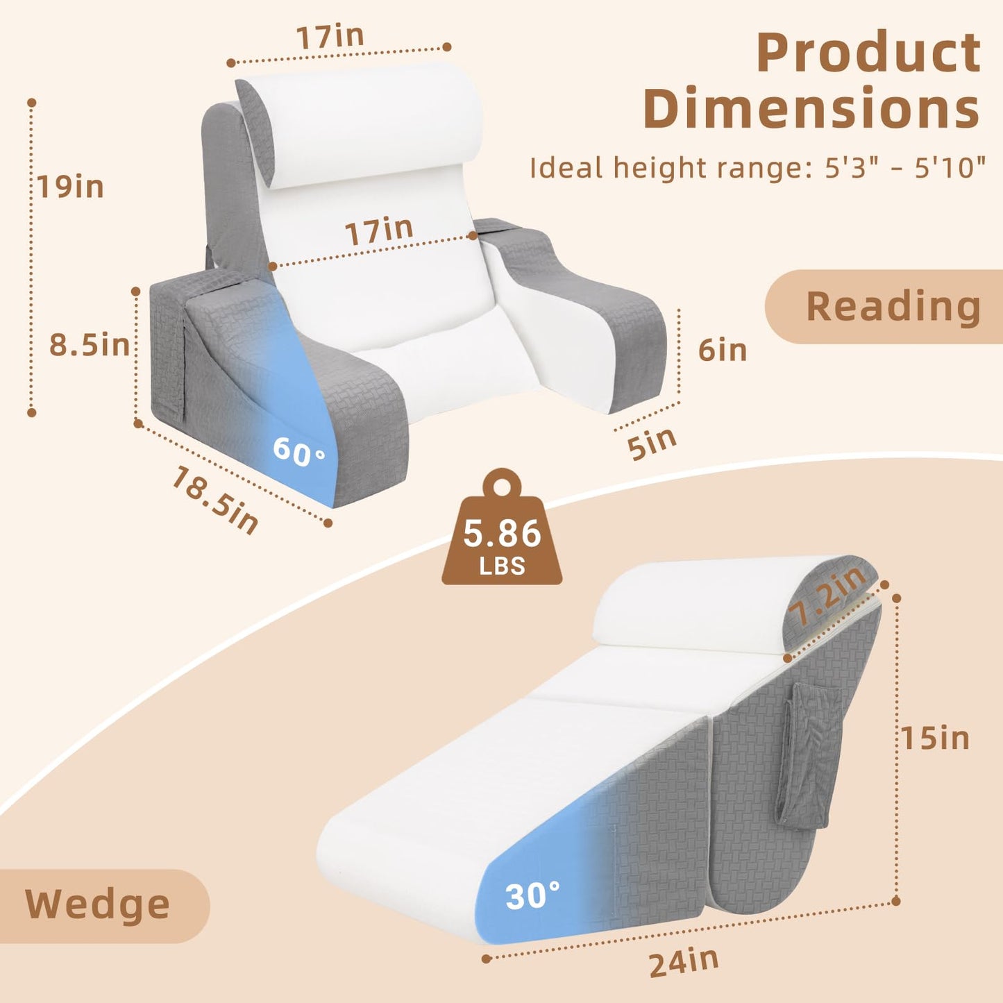 ESUERDO 5PCS Reading Pillow for Sitting in Bed Adult, 2 in 1 Foldable Back Wedge Pillow for Sleep, Ergonomic Back Support Pillow with Arms for Watching TV, Gaming, Working, Recovery, 19” White/Grey