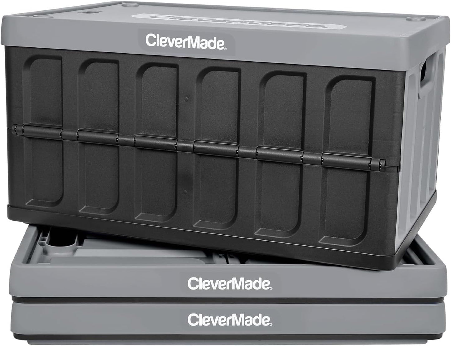 CleverMade Collapsible Storage Bins with Lids (62L, 3 Pack) – Heavy Duty Foldable Plastic Storage Crates for Garage, Closet & Trunk Organization - Stone