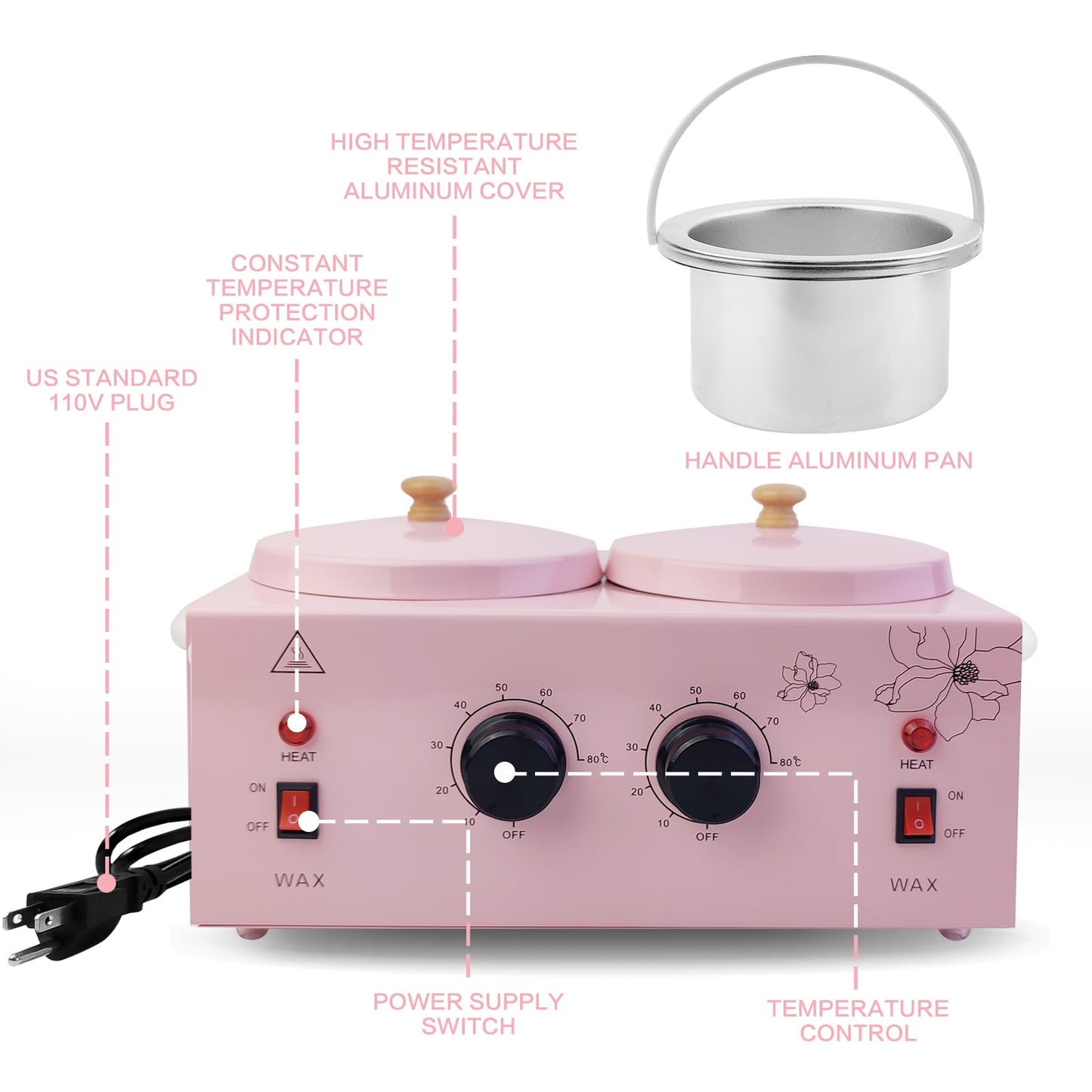 Portable Wax Warmer with Adjustable Temperature and 40 Wax Sticks - Painless Hair Removal for Women and Men (Pink-Double Pots)