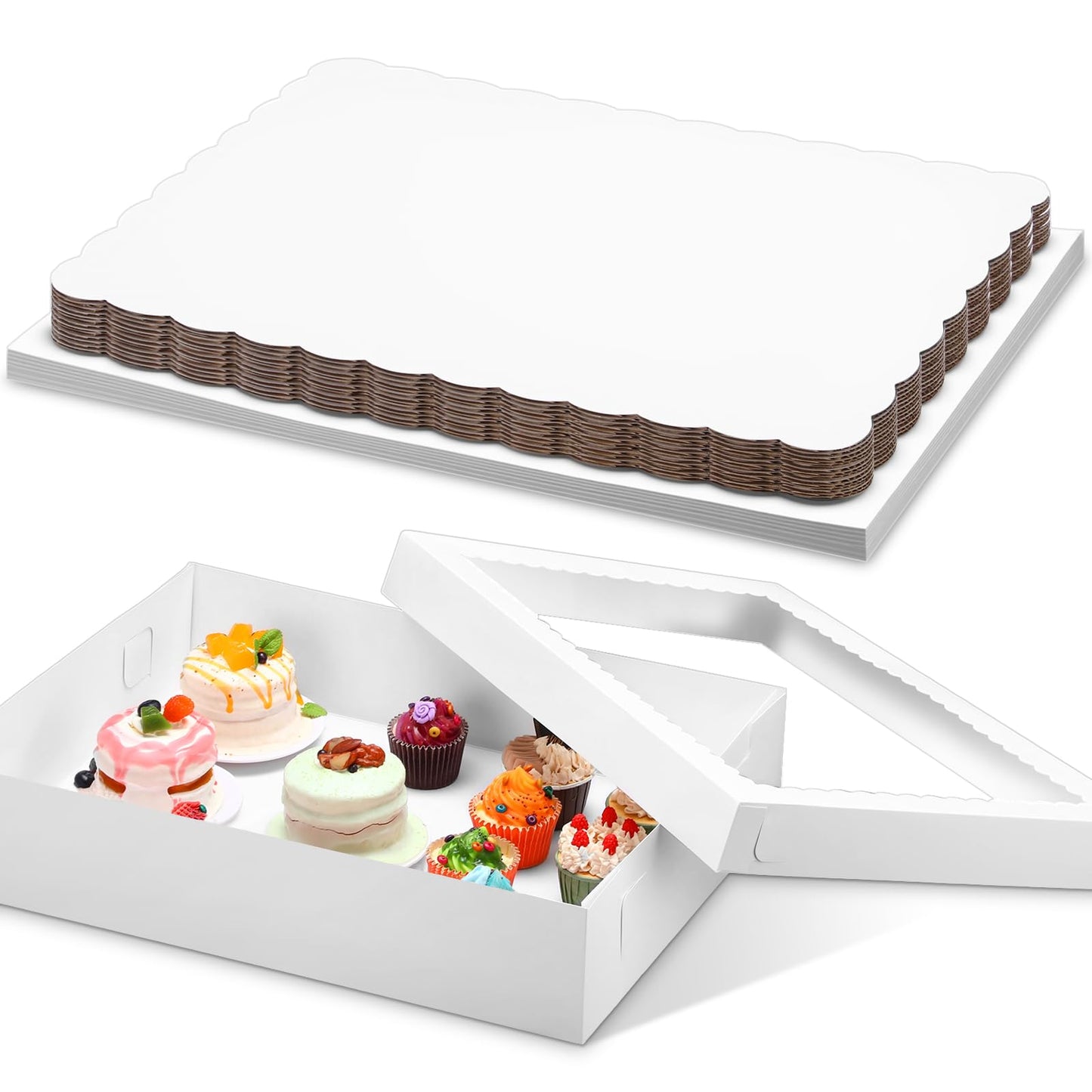Sinload 10 Pcs 19x14x4 Inch Half Sheet Cake Boxes 5pcs Large Rectangle Bakery Boxes with 5pcs Cake Boards for Pastry Baking, Cupcakes, Donuts, Cookies, Pie Treat Packaging