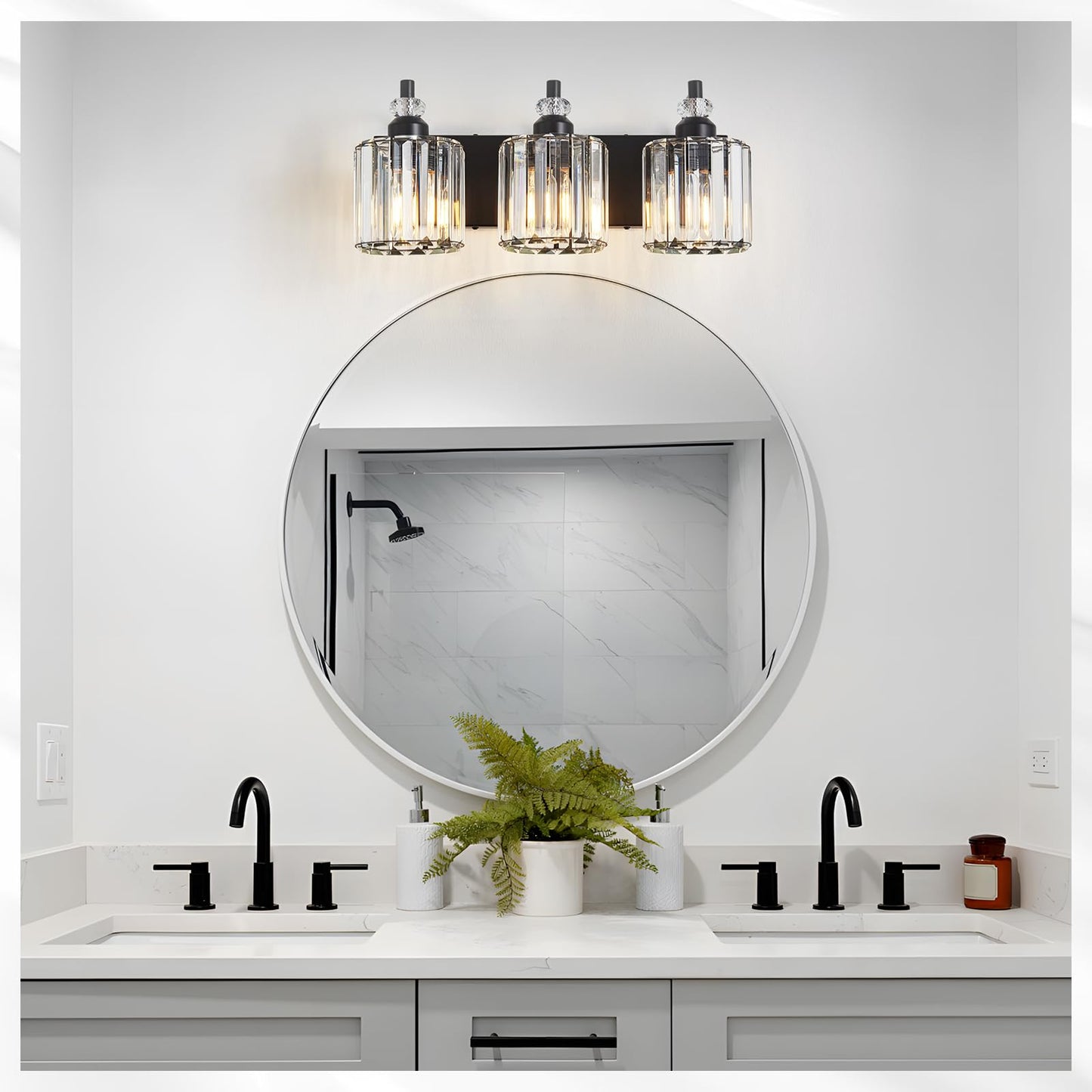 Zqoyn 3-Light Black Bathroom Light Fixtures Over Mirror Modern Vanity Lights Crystal Wall Sconce Vintage Bathroom Lighting with Crystal Shade E26 Base for Bedroom, Living Room, Hallway