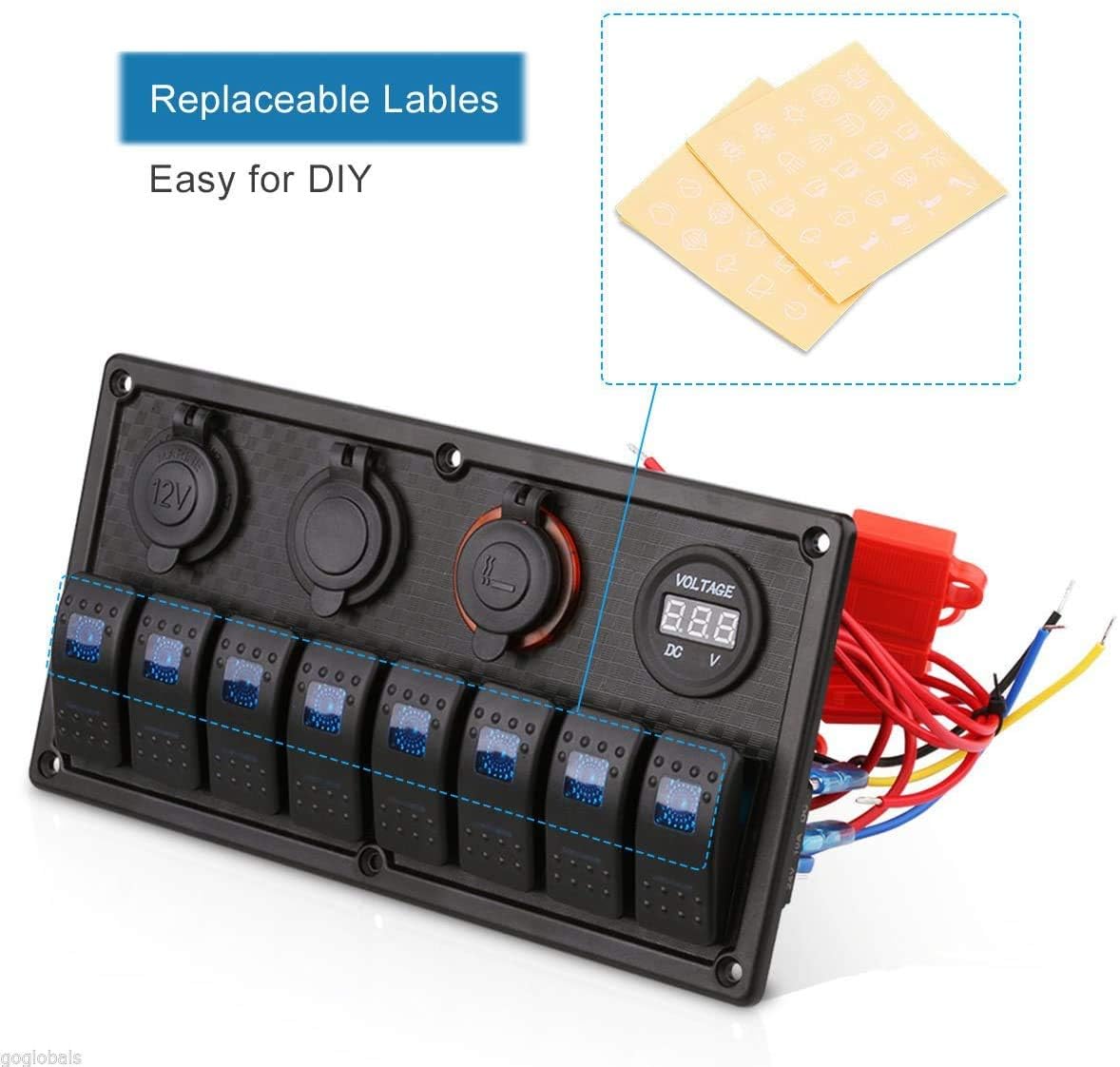MKING Marine Switch Panel, 8 Gang Waterproof Rocker Switch Panel,Boat Rocker Switches Waterproof with Circuit Breaker USB&Typ-c Charger Digital Voltmeter Cigarette Socket 12V Blue LED Switch Panel