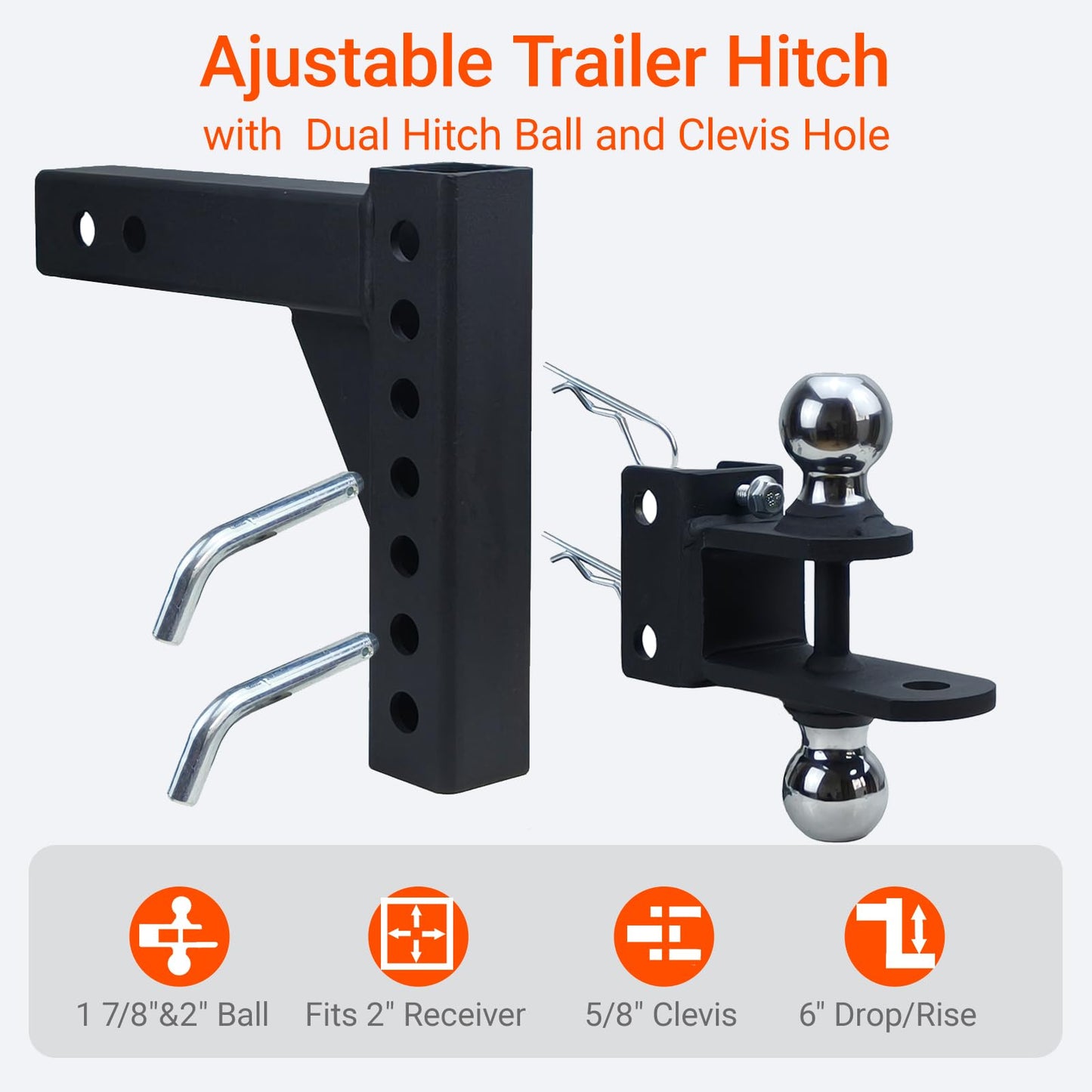 REDTEE Multi-Purpose Adjustable ATV/UTV Trailer Hitch Ball Mount with 2-Inch Receiver, 1-7/8 & 2-Inch Dual Ball Tow Hitch, Includes Pin & Clip, Fits 5/8-Inch Clevis Pin, Matte Black