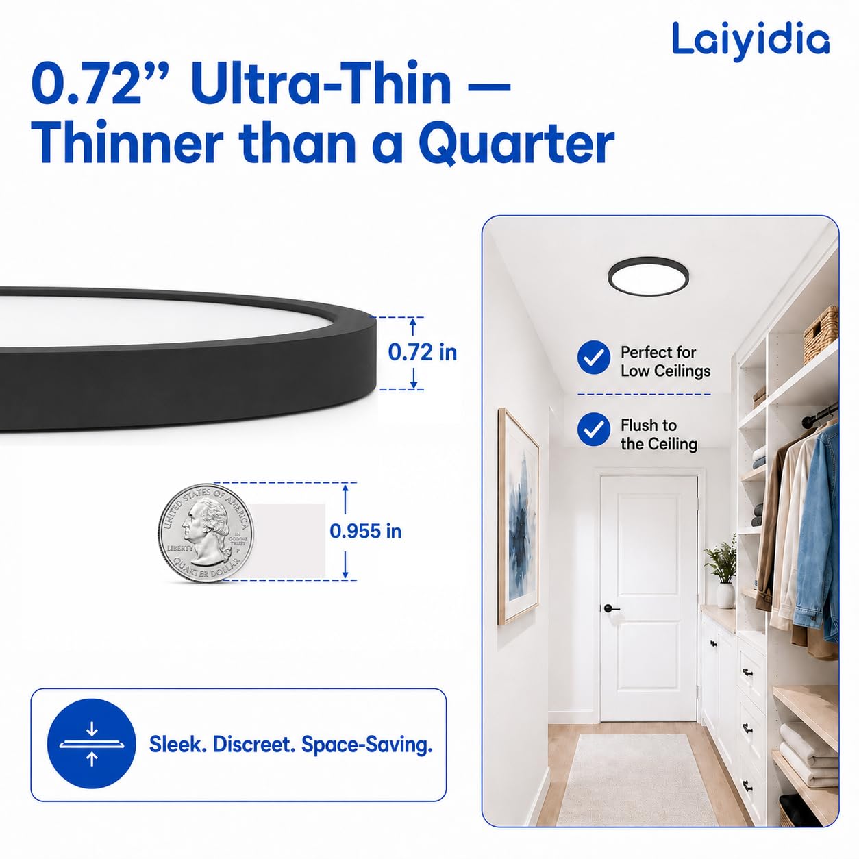 Laiyidia 6-Pack 12in Ultra Thin Flush Mount Ceiling Light, Dimmable 5CCT 2700K-6500K, 24W 2640LM, Hardwired Integrated LED Lighting Fixture for Bedroom Kitchen Hallway Laundry, Edge-lit, Black