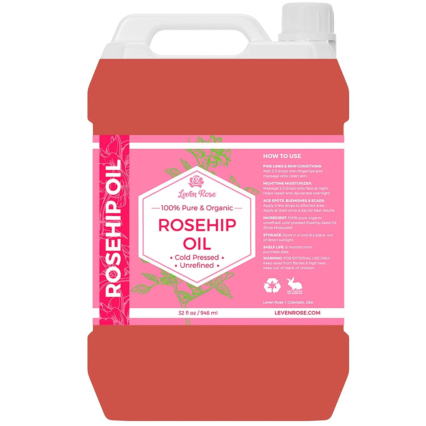 Leven Rose Rosehip Seed Oil 32 oz - Pure Cold Pressed Oil for Face, Body, Hair, Skin & Nails - Nighttime Moisturizer