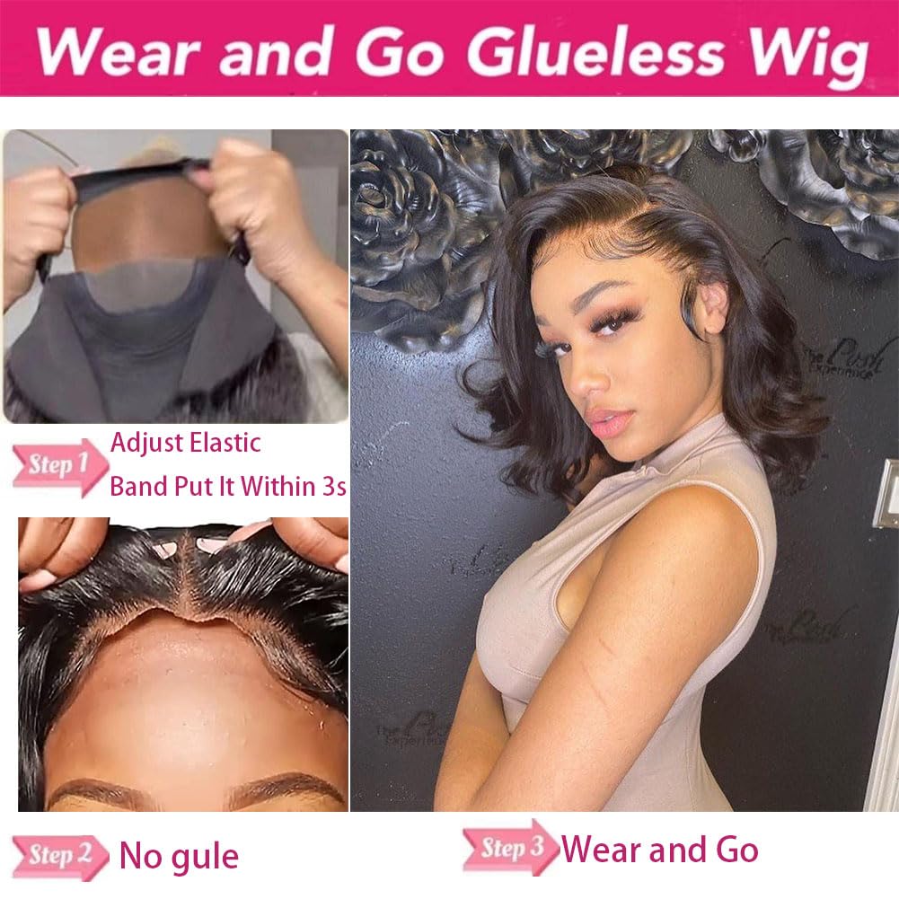 BLOCKICE Wear and Go Glueless Bob Wigs Human Hair Pre Plucked Body Wave Lace Front Wigs 14Inch