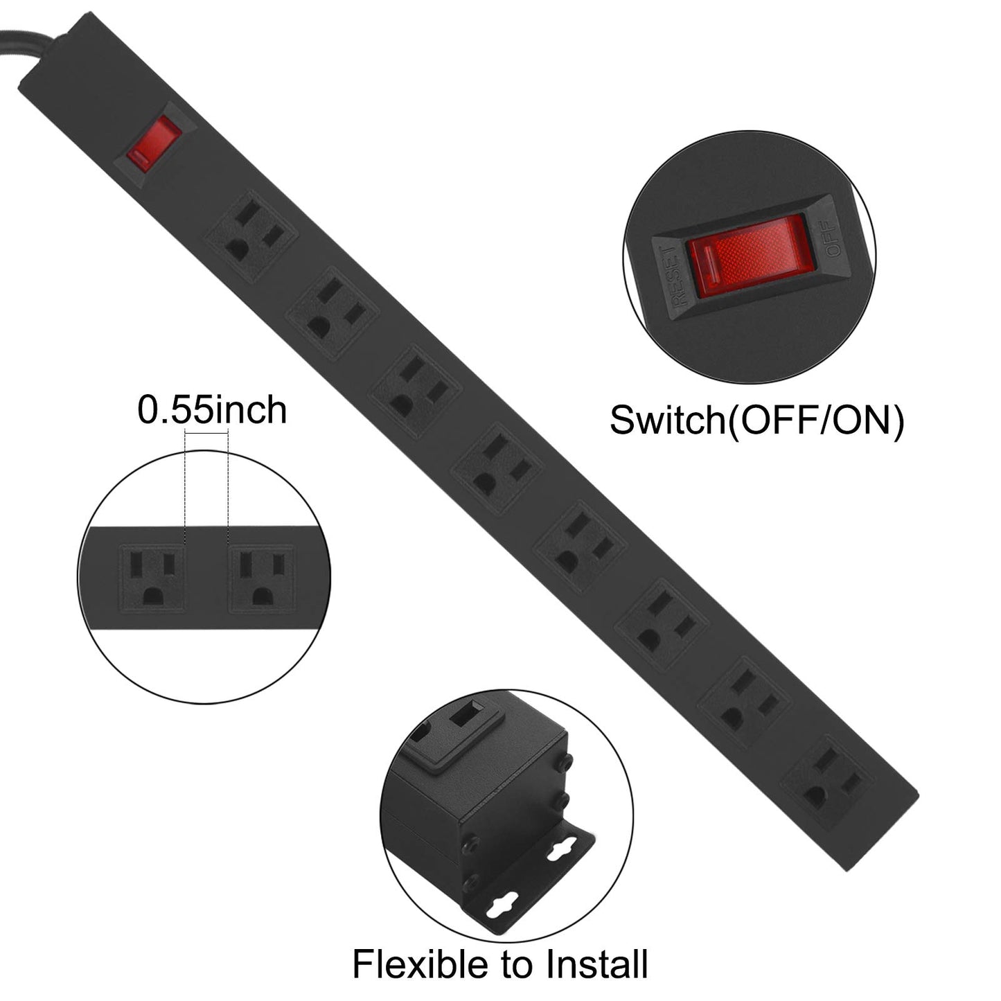 2Pack Metal 8 Outlet Mountable Power Strip, Wall Mount Outlet Heavy Duty, Wide Spaced Commercial Shop Power Strip with Switch, 6 FT SJT 14AWG Power Cord.